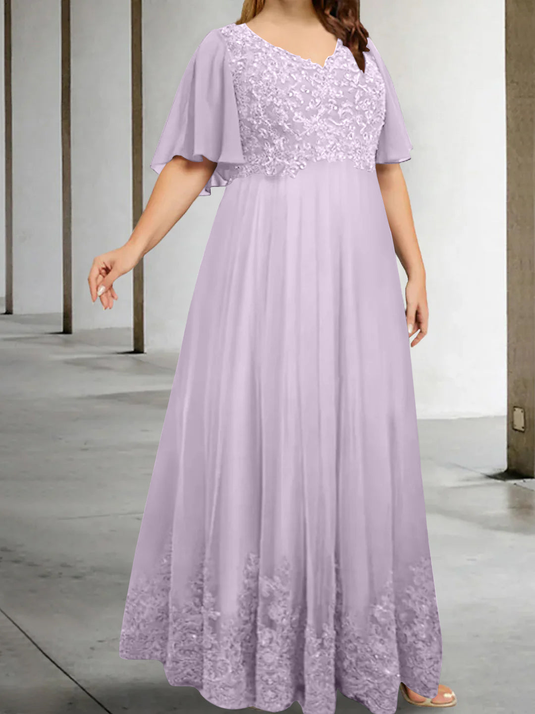 A-Line/Princess V-Neck Half Sleeves Floor-Length Plus Size Mother of the Bride Dresses with Appliques - Image 25
