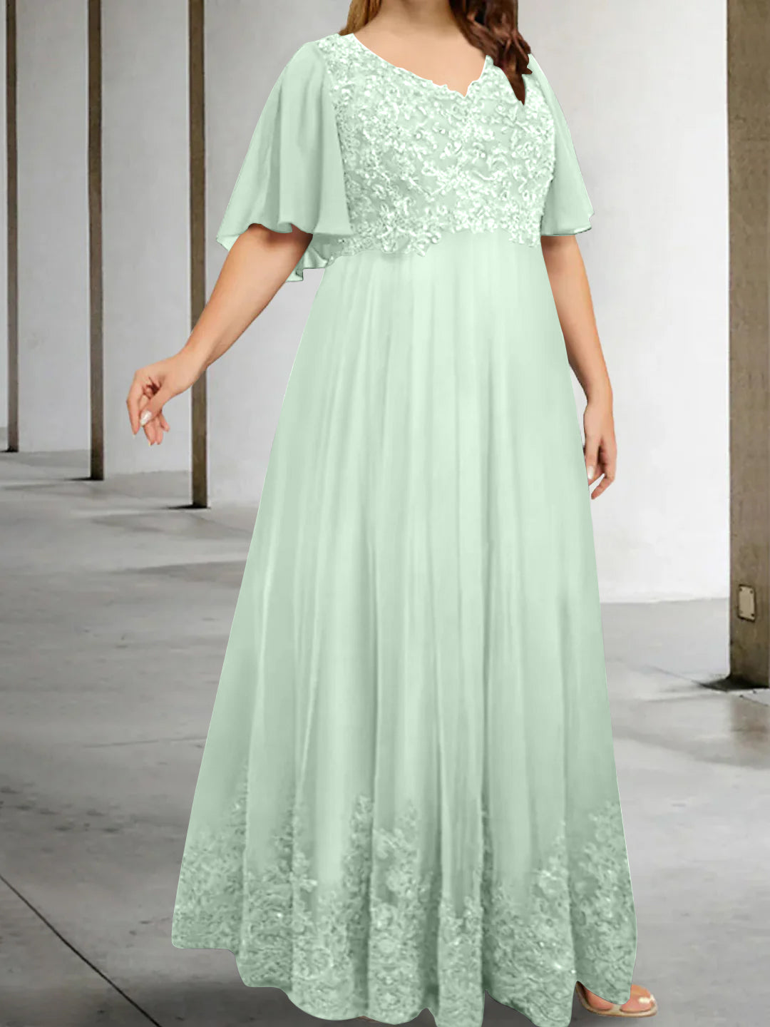 A-Line/Princess V-Neck Half Sleeves Floor-Length Plus Size Mother of the Bride Dresses with Appliques - Image 27