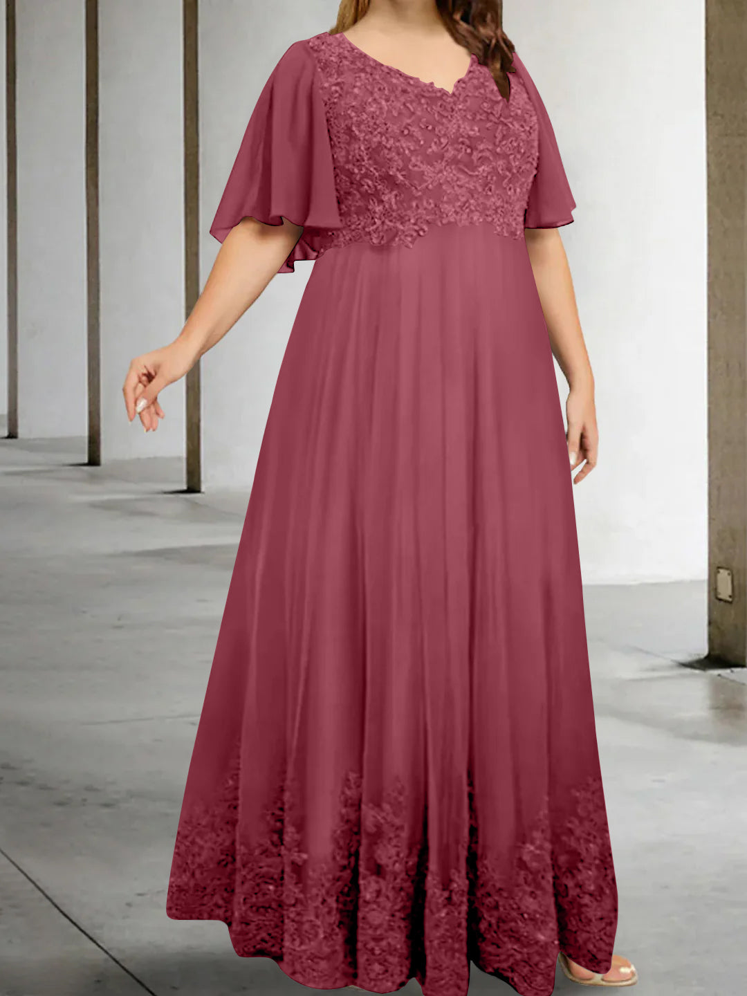 A-Line/Princess V-Neck Half Sleeves Floor-Length Plus Size Mother of the Bride Dresses with Appliques - Image 28