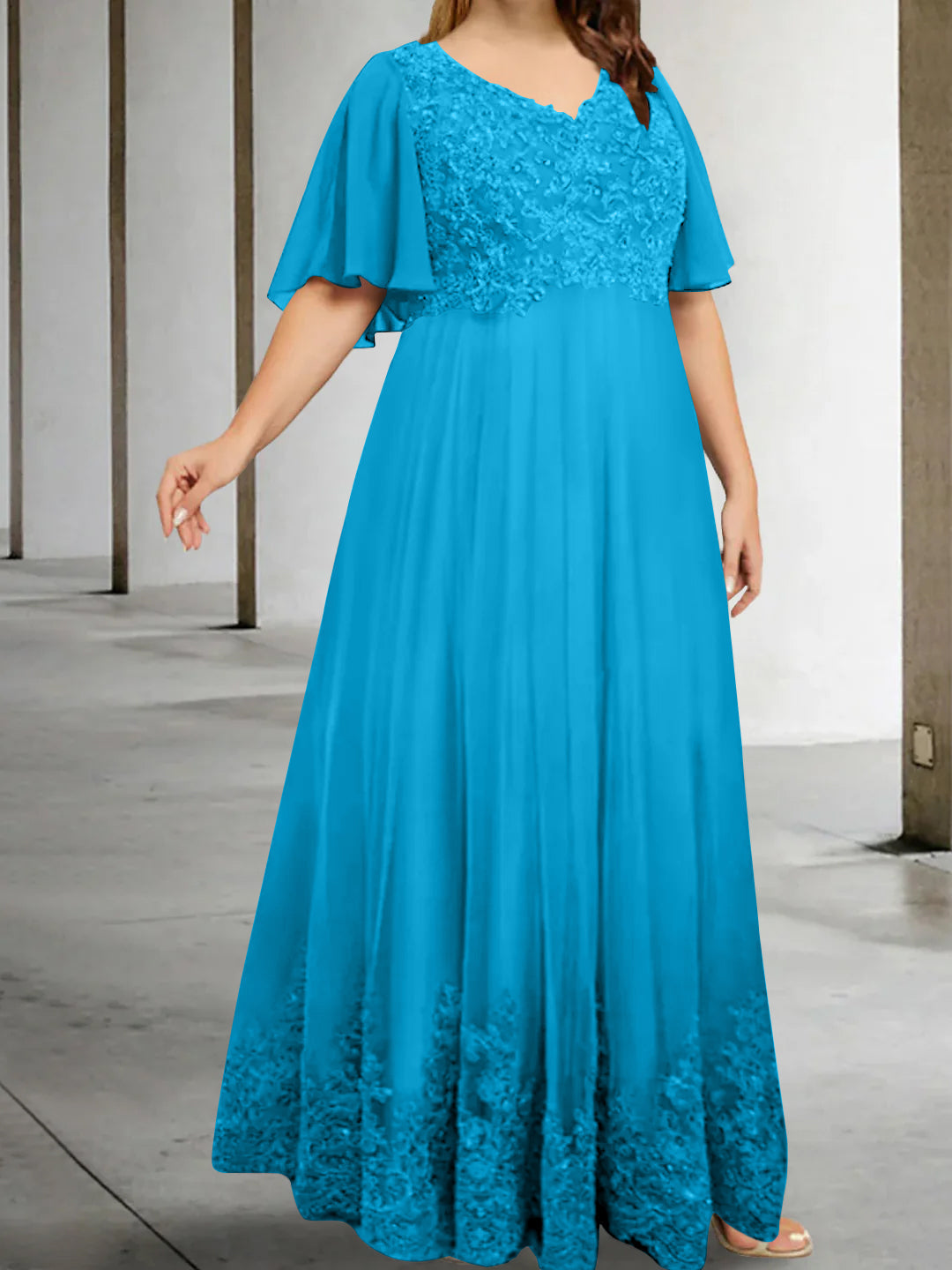 A-Line/Princess V-Neck Half Sleeves Floor-Length Plus Size Mother of the Bride Dresses with Appliques - Image 30