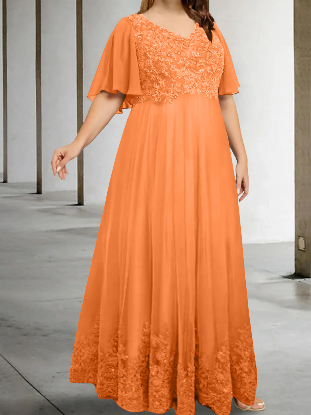 A-Line/Princess V-Neck Half Sleeves Floor-Length Plus Size Mother of the Bride Dresses with Appliques - Image 31