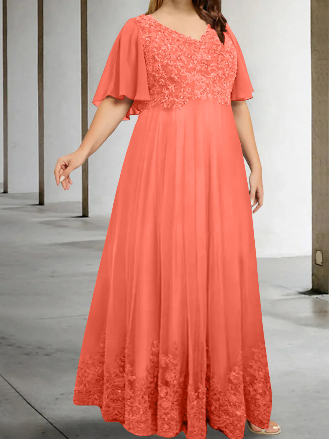 A-Line/Princess V-Neck Half Sleeves Floor-Length Plus Size Mother of the Bride Dresses with Appliques - Image 32