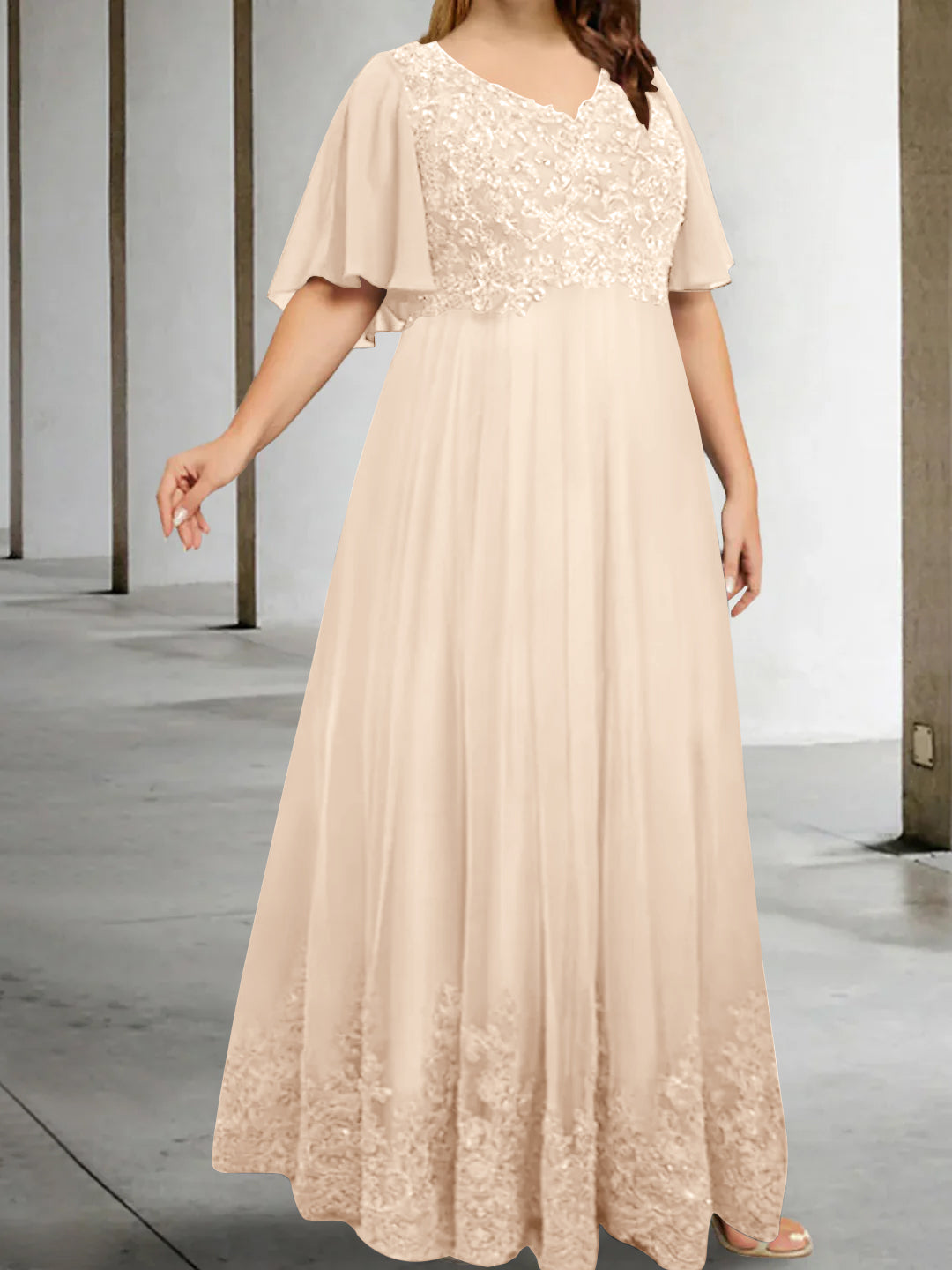 A-Line/Princess V-Neck Half Sleeves Floor-Length Plus Size Mother of the Bride Dresses with Appliques - Image 33