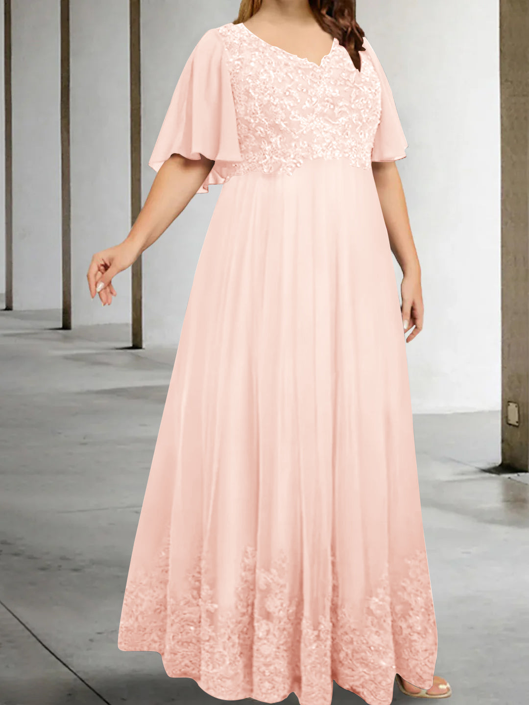 A-Line/Princess V-Neck Half Sleeves Floor-Length Plus Size Mother of the Bride Dresses with Appliques - Image 34
