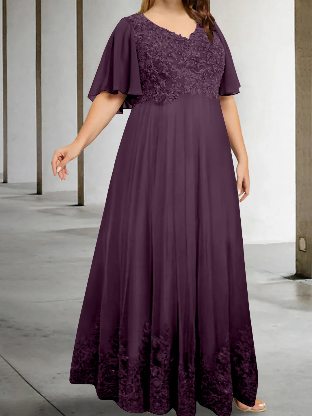 A-Line/Princess V-Neck Half Sleeves Floor-Length Plus Size Mother of the Bride Dresses with Appliques - Image 35