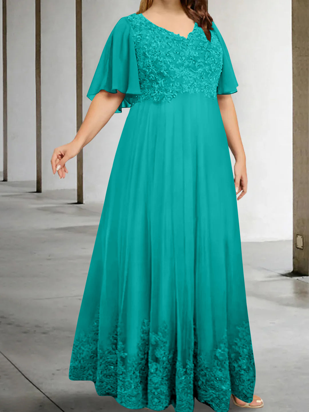 A-Line/Princess V-Neck Half Sleeves Floor-Length Plus Size Mother of the Bride Dresses with Appliques - Image 53
