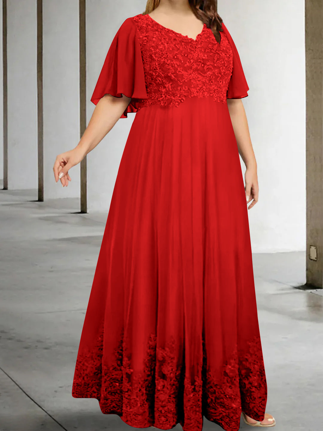 A-Line/Princess V-Neck Half Sleeves Floor-Length Plus Size Mother of the Bride Dresses with Appliques - Image 54