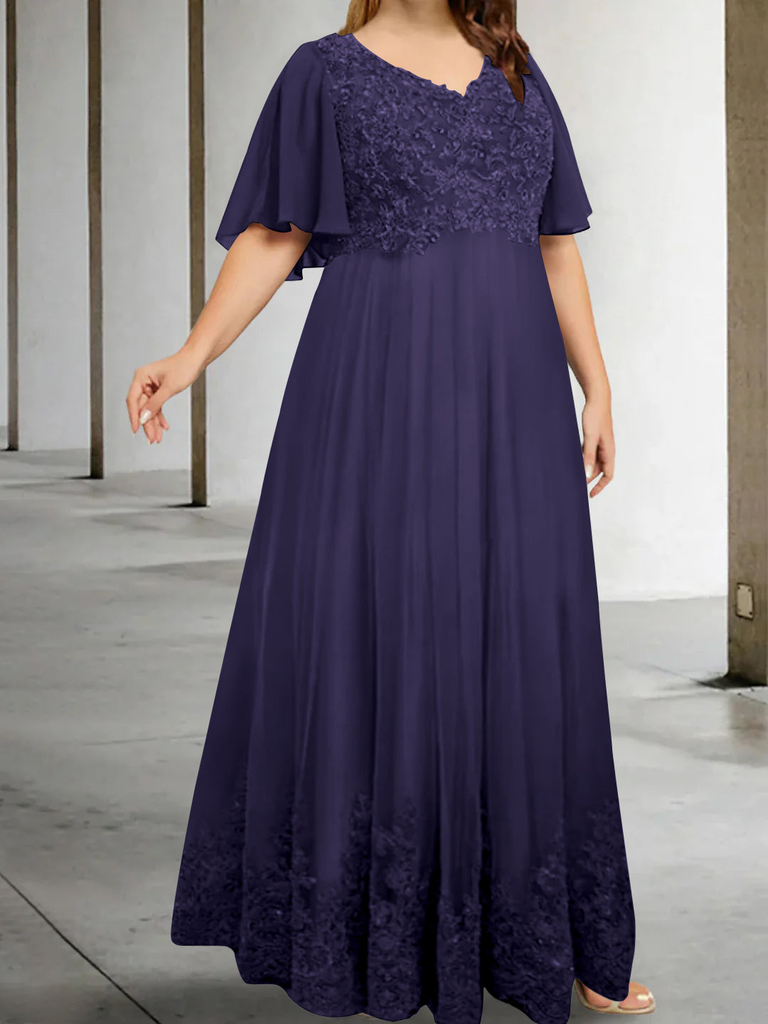 A-Line/Princess V-Neck Half Sleeves Floor-Length Plus Size Mother of the Bride Dresses with Appliques - Image 36