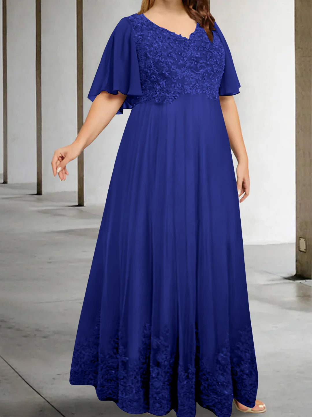 A-Line/Princess V-Neck Half Sleeves Floor-Length Plus Size Mother of the Bride Dresses with Appliques - Image 55
