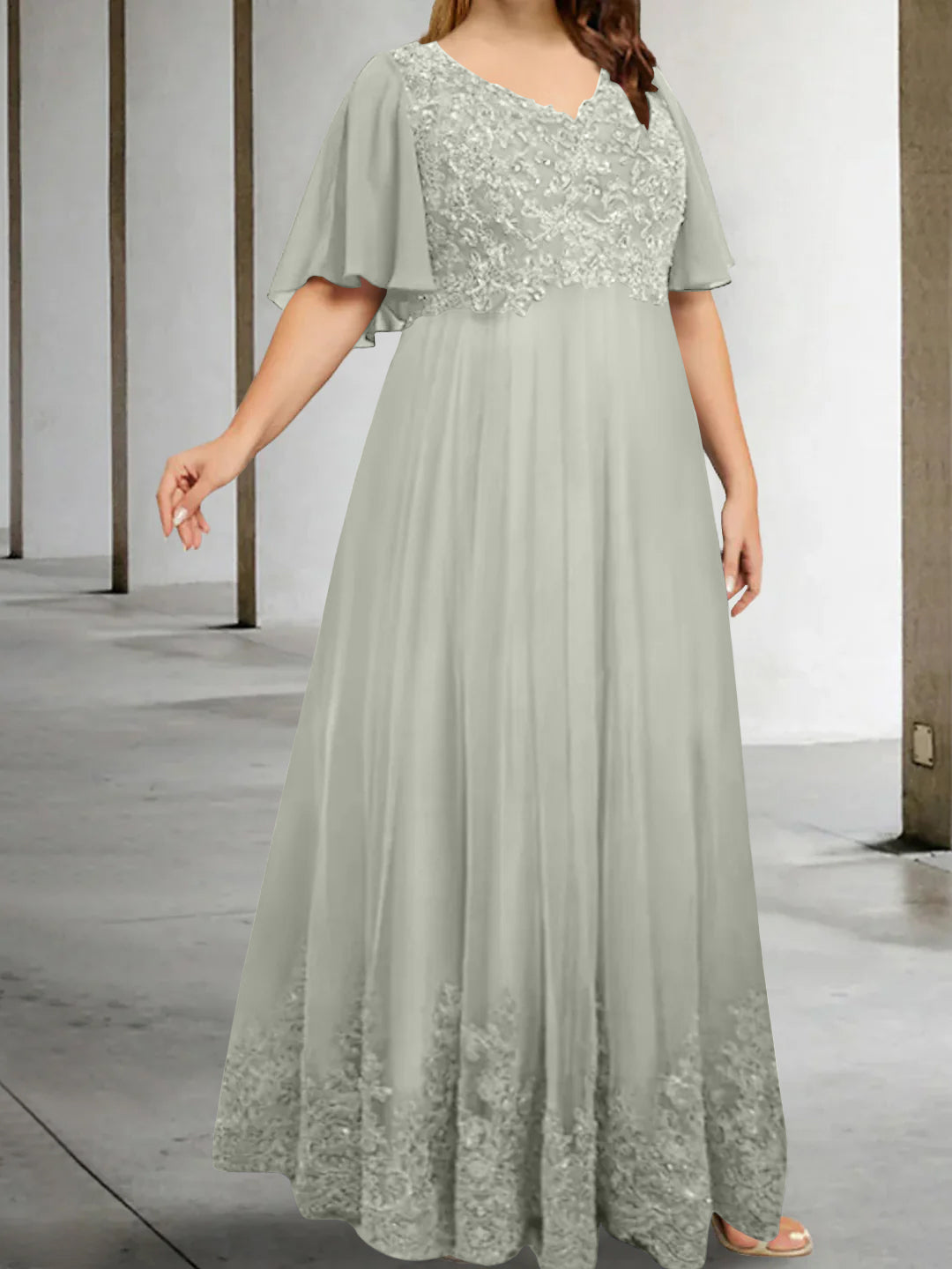 A-Line/Princess V-Neck Half Sleeves Floor-Length Plus Size Mother of the Bride Dresses with Appliques - Image 38