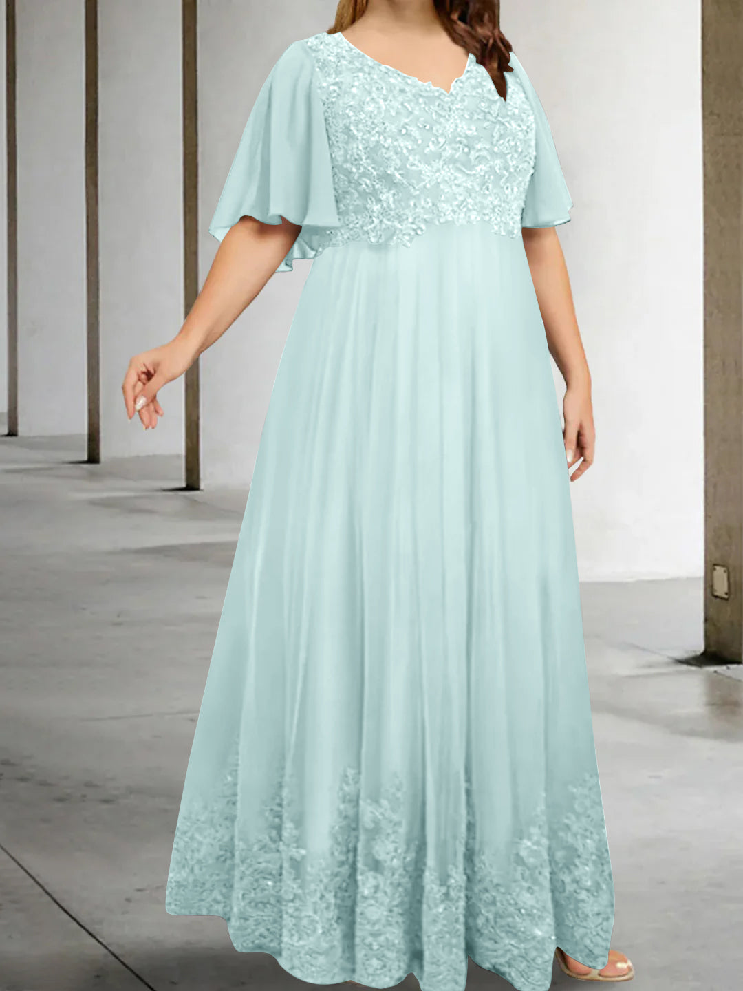 A-Line/Princess V-Neck Half Sleeves Floor-Length Plus Size Mother of the Bride Dresses with Appliques - Image 39