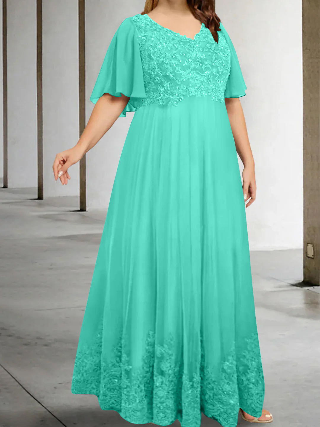 A-Line/Princess V-Neck Half Sleeves Floor-Length Plus Size Mother of the Bride Dresses with Appliques - Image 40