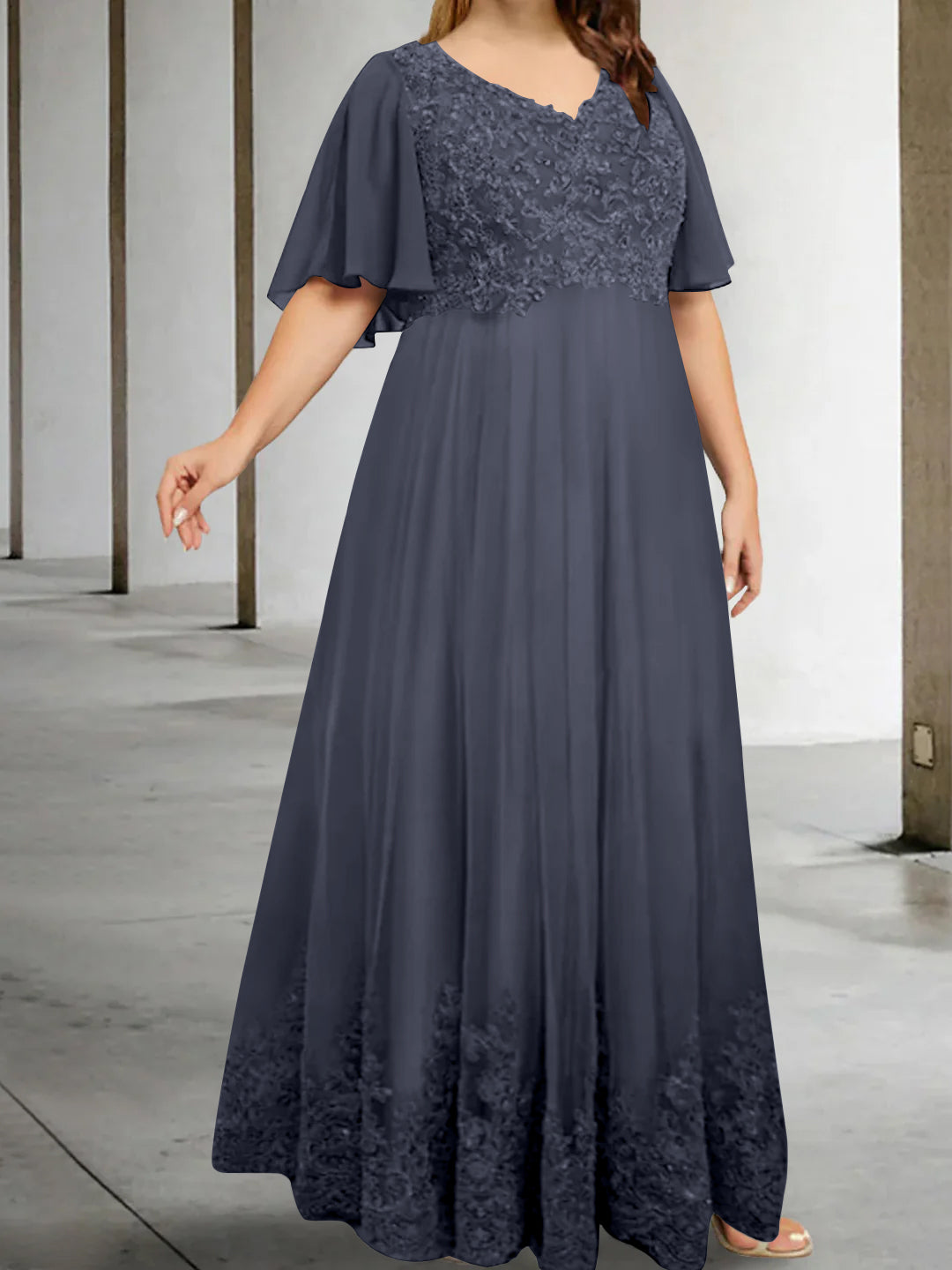 A-Line/Princess V-Neck Half Sleeves Floor-Length Plus Size Mother of the Bride Dresses with Appliques - Image 41