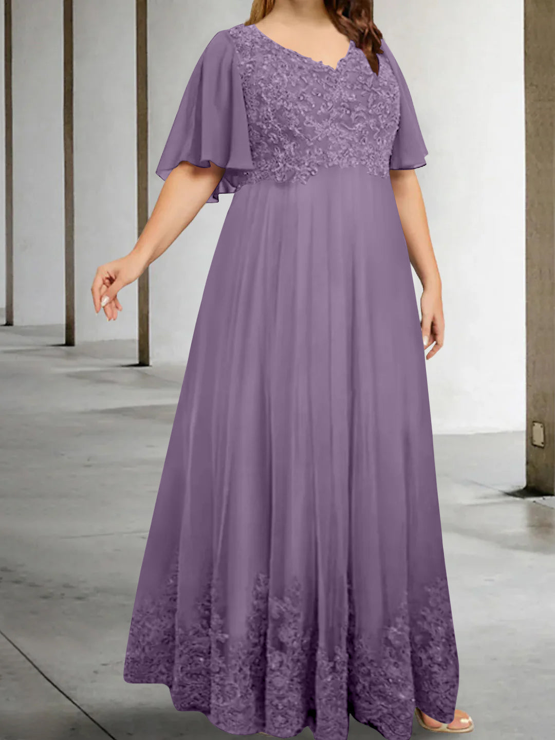 A-Line/Princess V-Neck Half Sleeves Floor-Length Plus Size Mother of the Bride Dresses with Appliques - Image 42