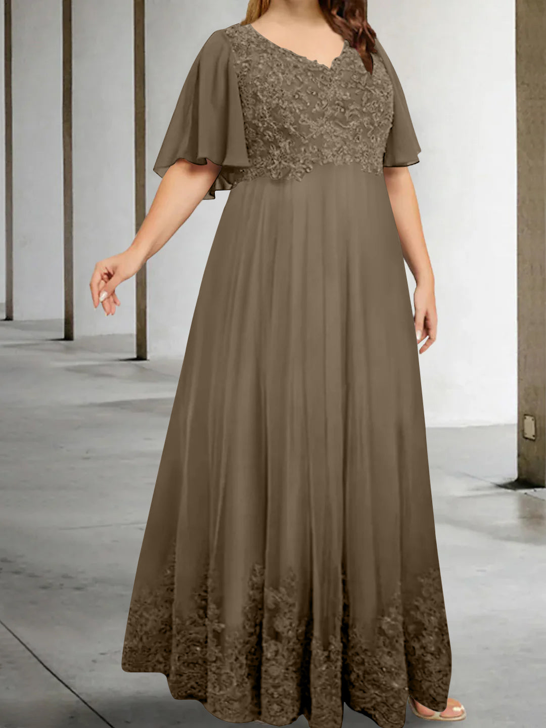 A-Line/Princess V-Neck Half Sleeves Floor-Length Plus Size Mother of the Bride Dresses with Appliques - Image 43