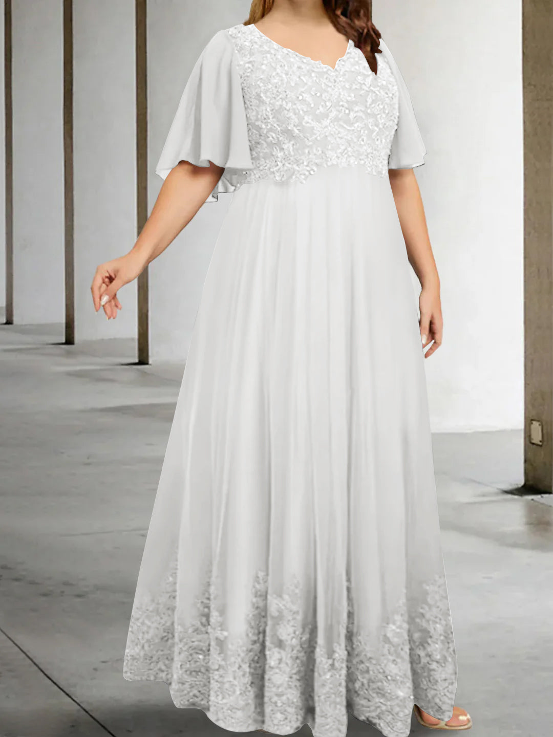 A-Line/Princess V-Neck Half Sleeves Floor-Length Plus Size Mother of the Bride Dresses with Appliques - Image 45