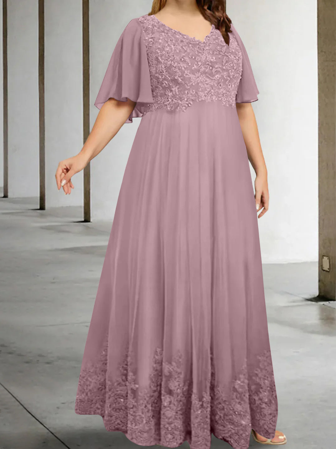 A-Line/Princess V-Neck Half Sleeves Floor-Length Plus Size Mother of the Bride Dresses with Appliques - Image 47