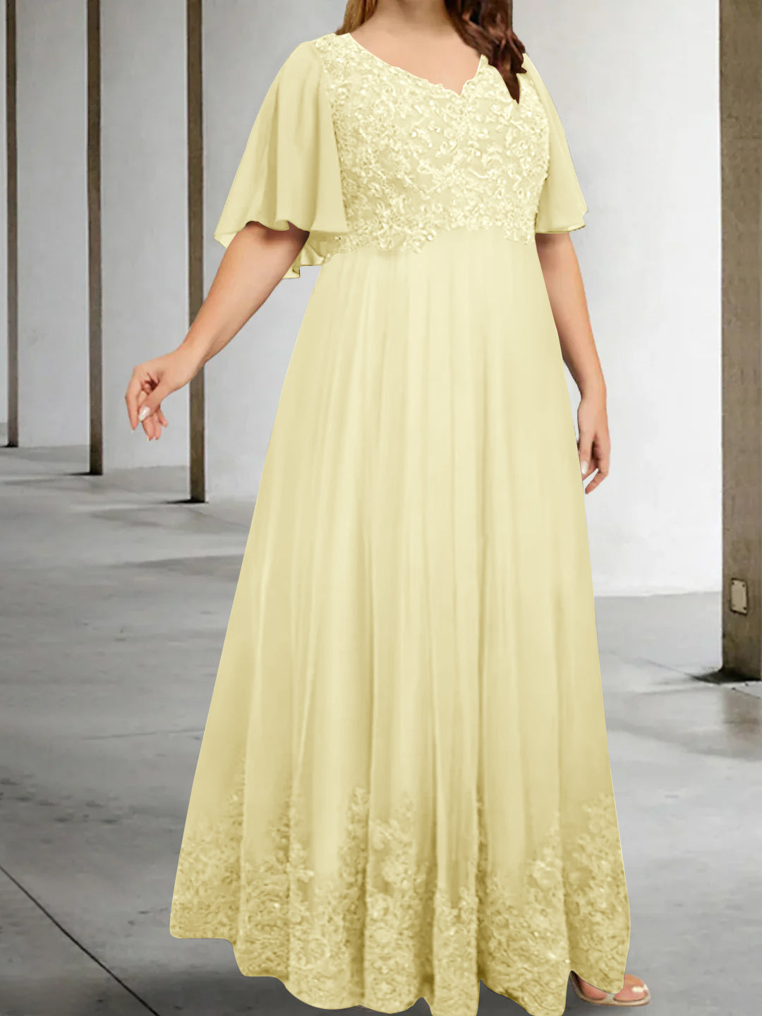 A-Line/Princess V-Neck Half Sleeves Floor-Length Plus Size Mother of the Bride Dresses with Appliques - Image 48