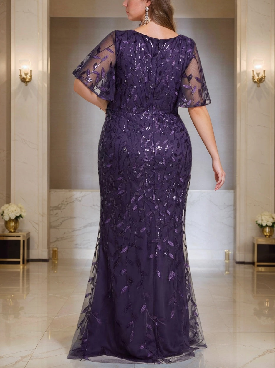 Sheath/Column V-Neck Short Sleeves Floor-Length Plus Size Mother Of The Bride Dresses with Sequins - 이미지 2