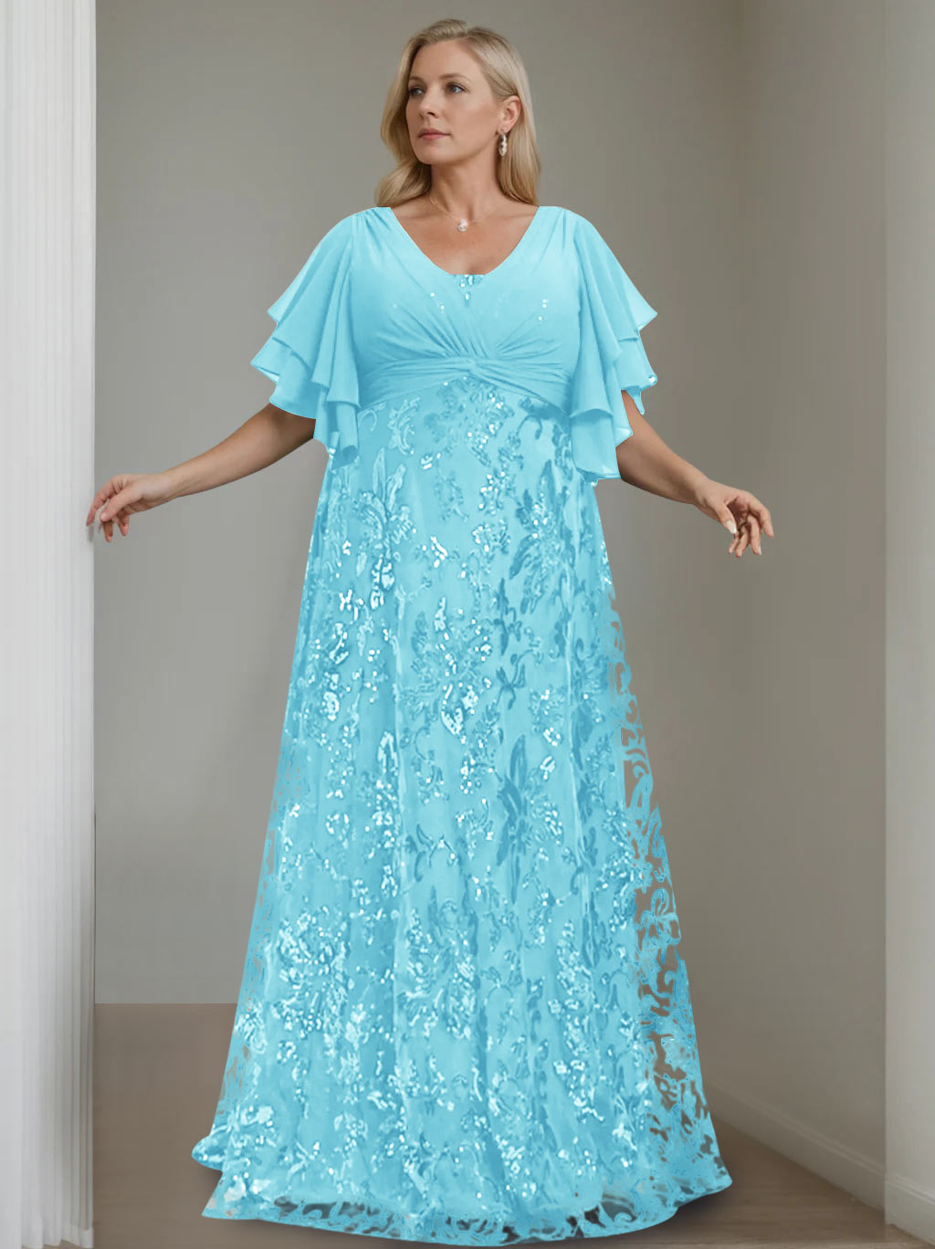 A-Line/Princess V-Neck Half Sleeves Floor-Length Plus Size Mother of the Bride Dresses with Sequins - Image 4
