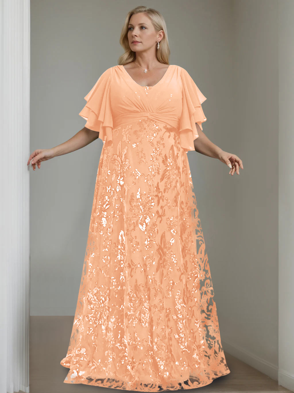 A-Line/Princess V-Neck Half Sleeves Floor-Length Plus Size Mother of the Bride Dresses with Sequins - Image 12