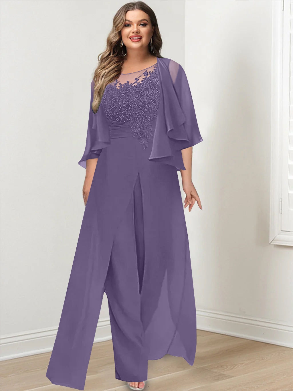 A-Line/Princess Scoop Floor-Length Plus Size Mother of the Bride Jumpsuits with Jacket, Split Side & Appliques - 画像 (39)