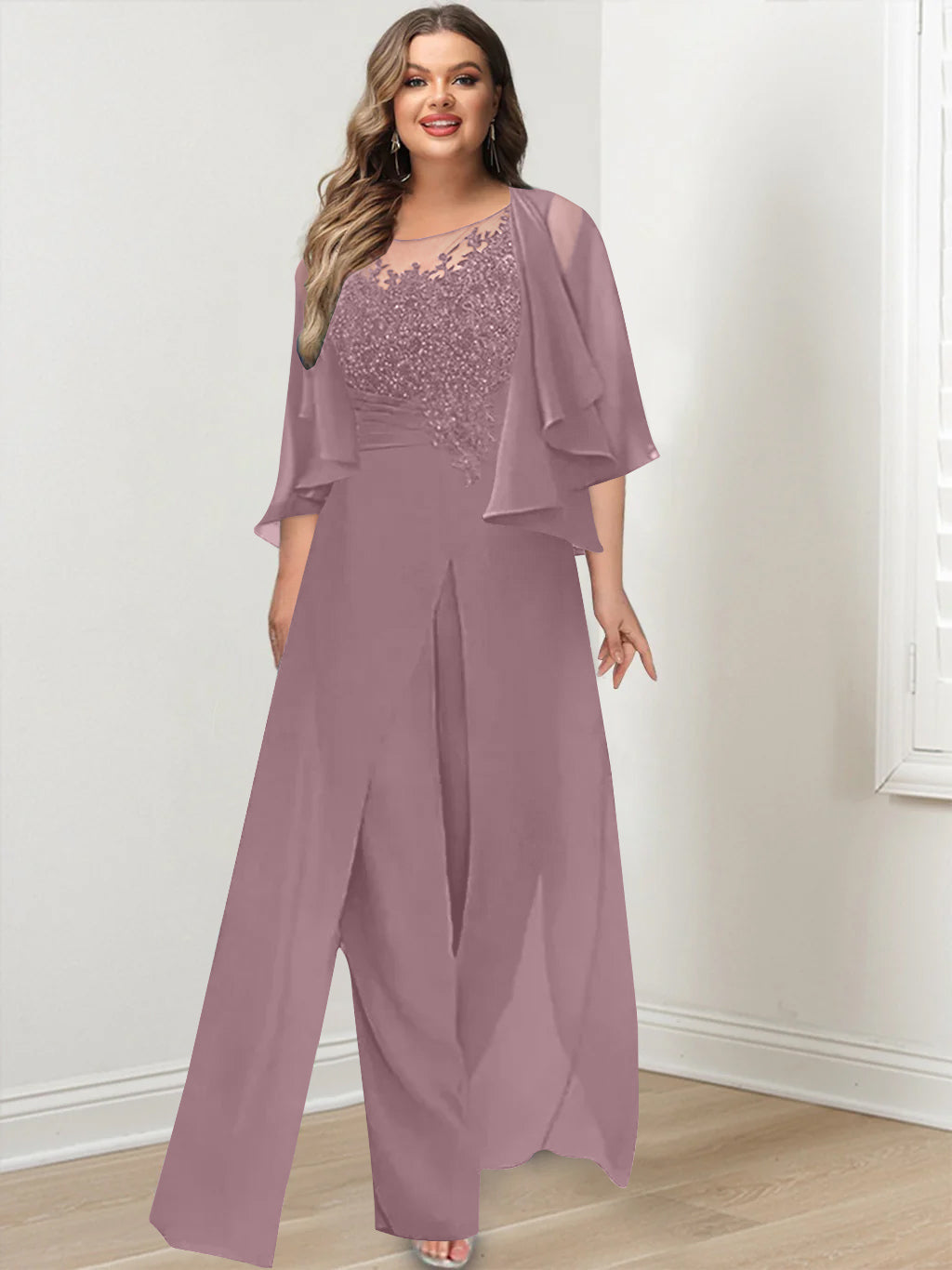 A-Line/Princess Scoop Floor-Length Plus Size Mother of the Bride Jumpsuits with Jacket, Split Side & Appliques - 画像 (44)