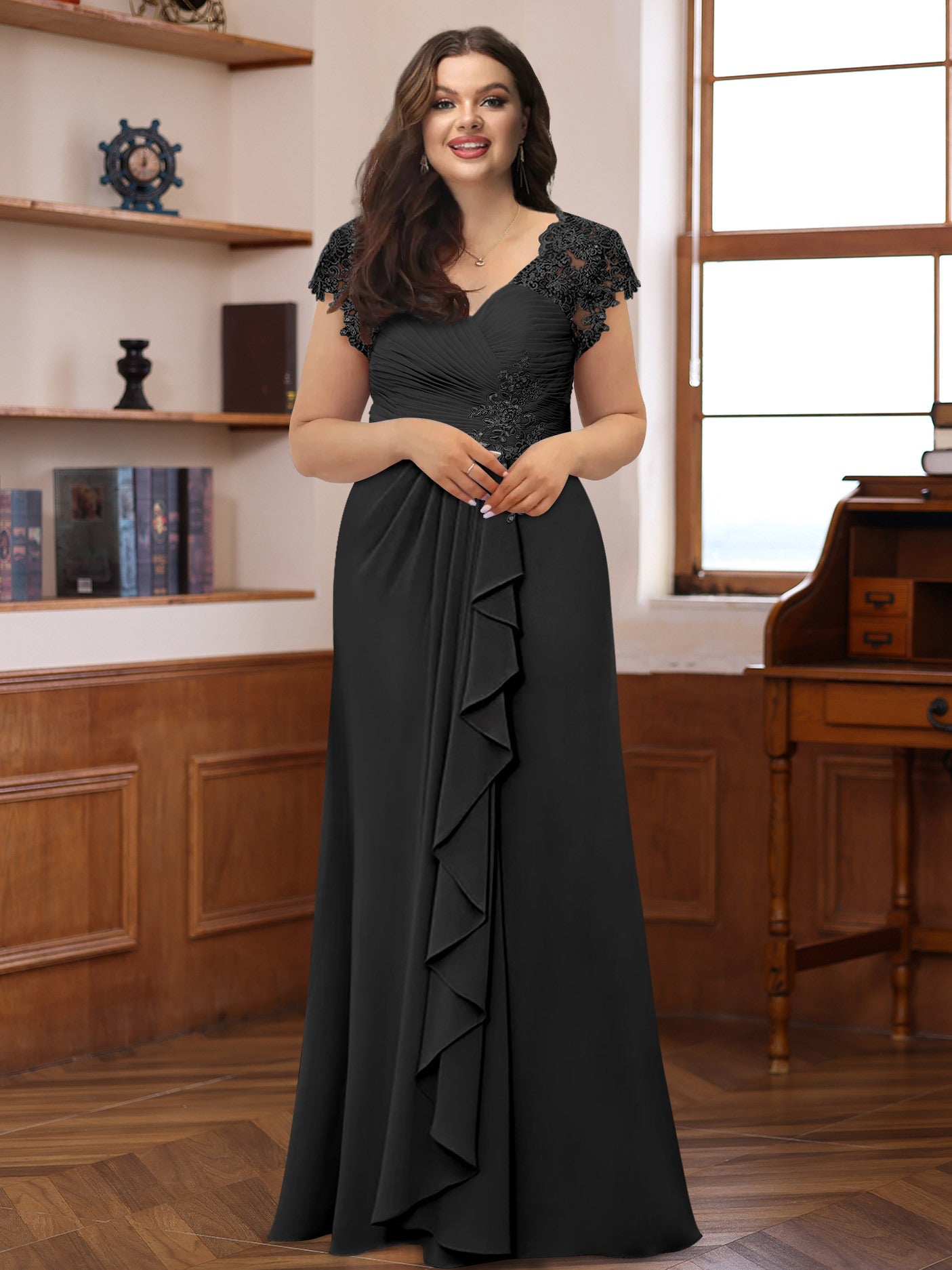 A-Line/Princess V-Neck Short Sleeves Pleated Plus Size Mother of the Bride & Groom Dresses with Ruffles & Appliques - Image 2