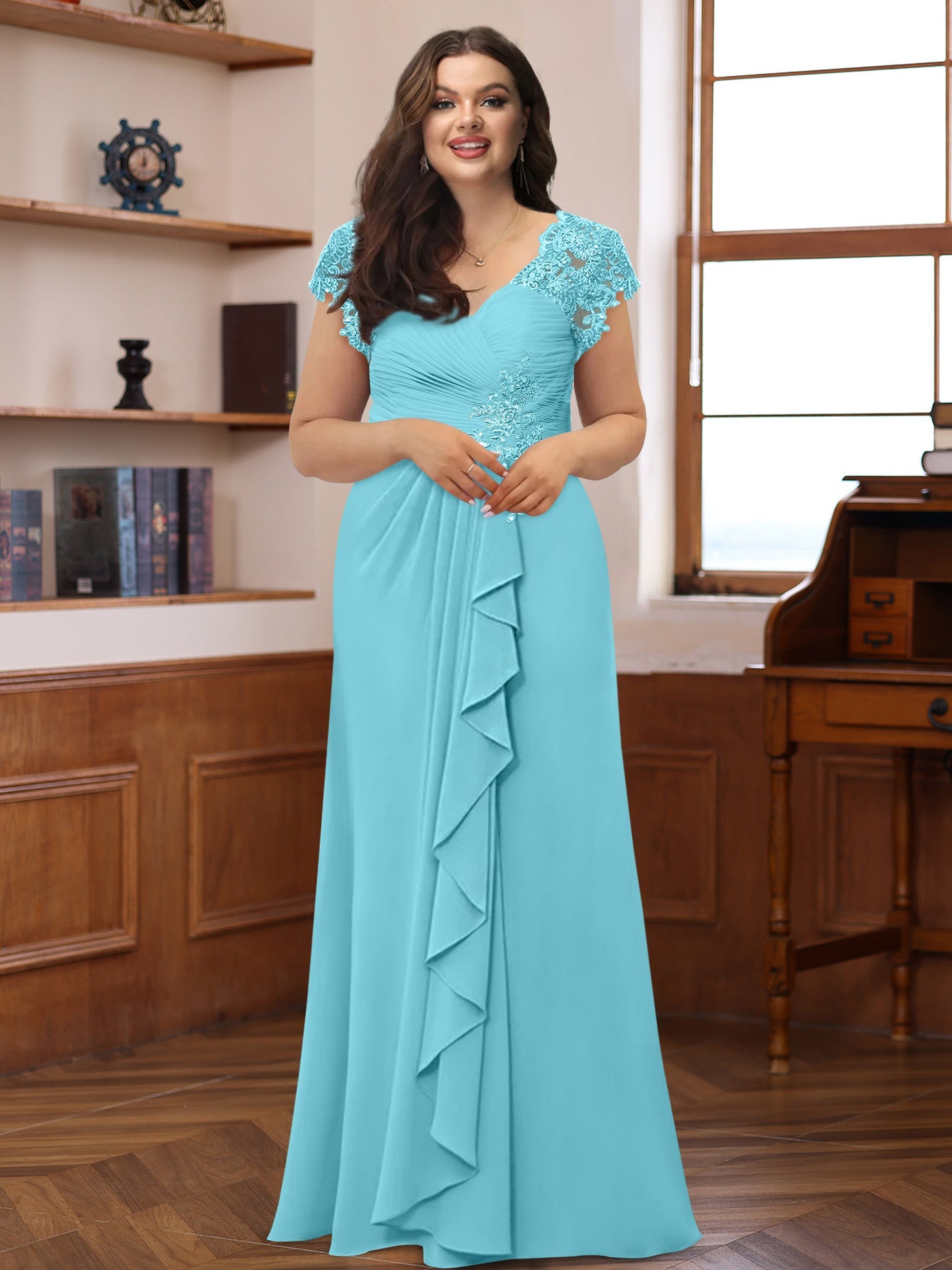 A-Line/Princess V-Neck Short Sleeves Pleated Plus Size Mother of the Bride & Groom Dresses with Ruffles & Appliques - Image 3