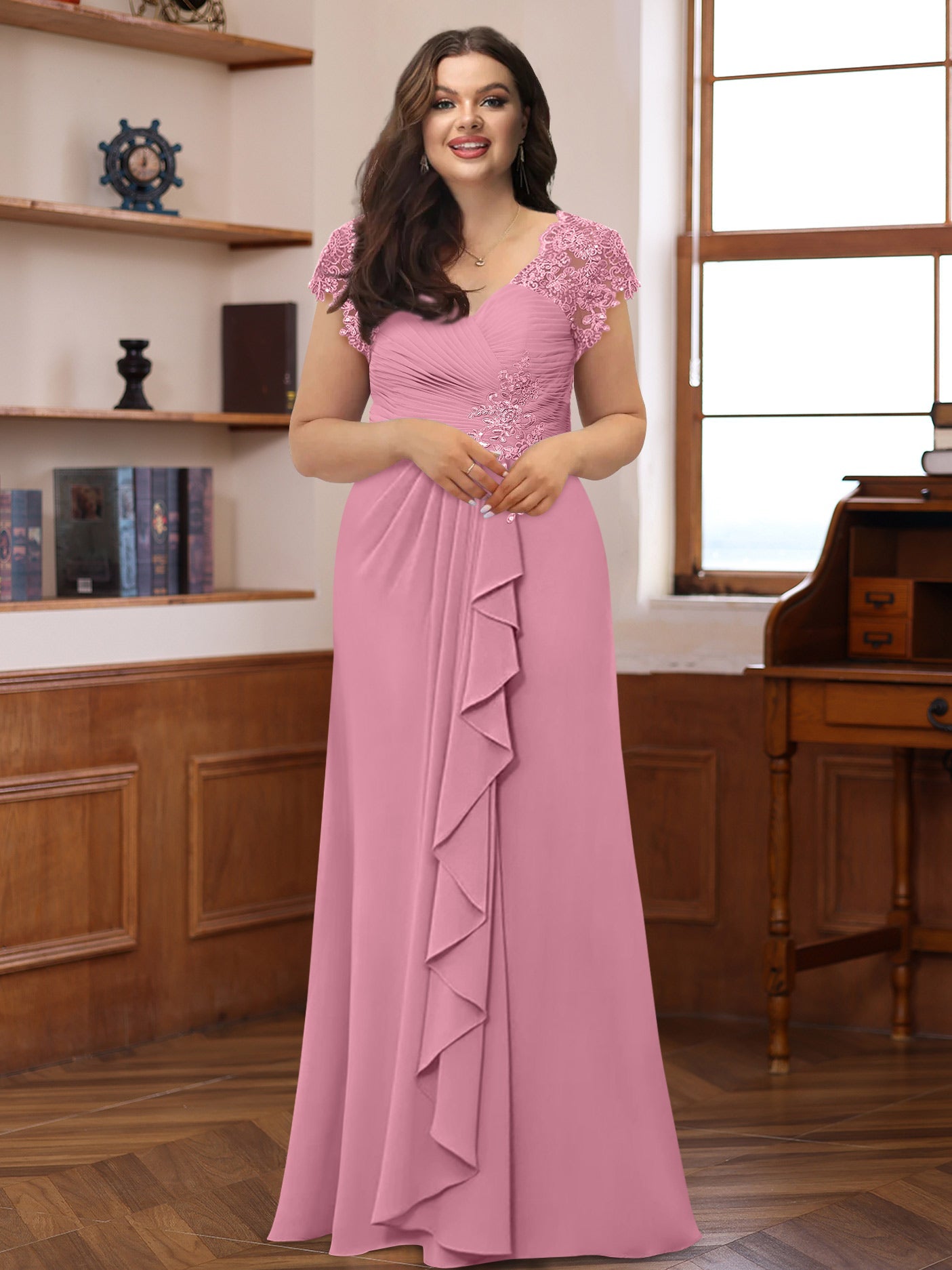 A-Line/Princess V-Neck Short Sleeves Pleated Plus Size Mother of the Bride & Groom Dresses with Ruffles & Appliques - Image 6