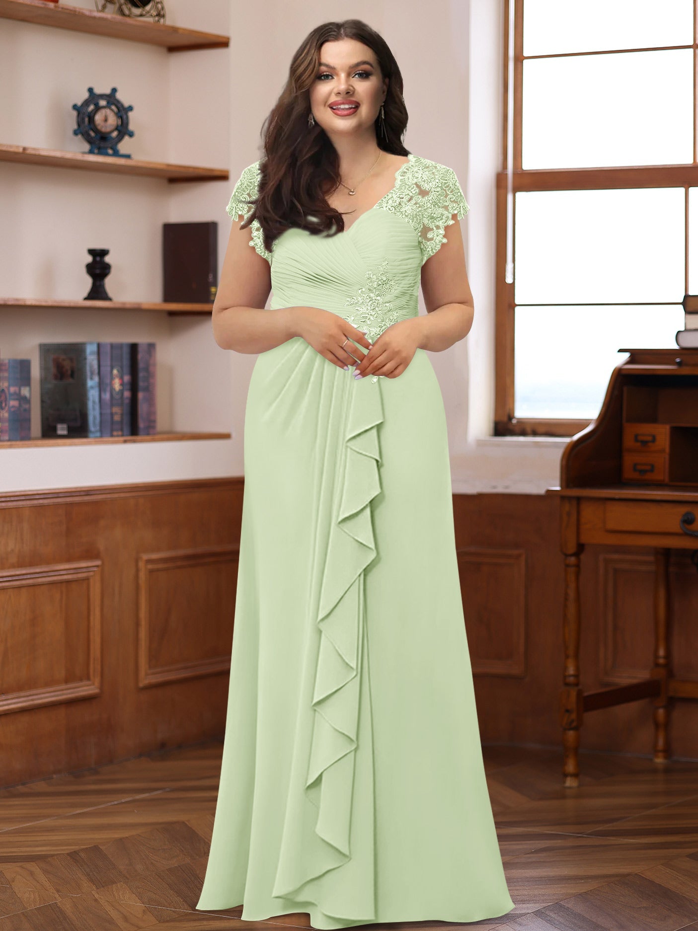 A-Line/Princess V-Neck Short Sleeves Pleated Plus Size Mother of the Bride & Groom Dresses with Ruffles & Appliques - Image 7