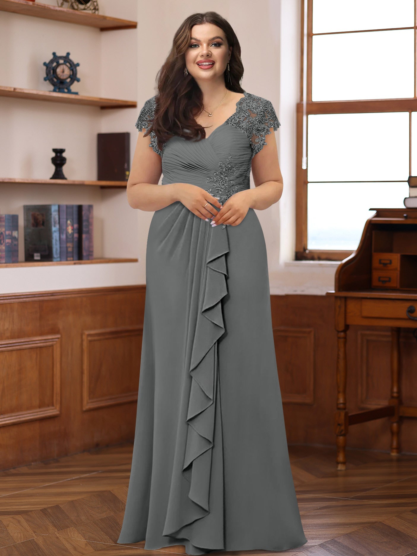 A-Line/Princess V-Neck Short Sleeves Pleated Plus Size Mother of the Bride & Groom Dresses with Ruffles & Appliques - Image 9