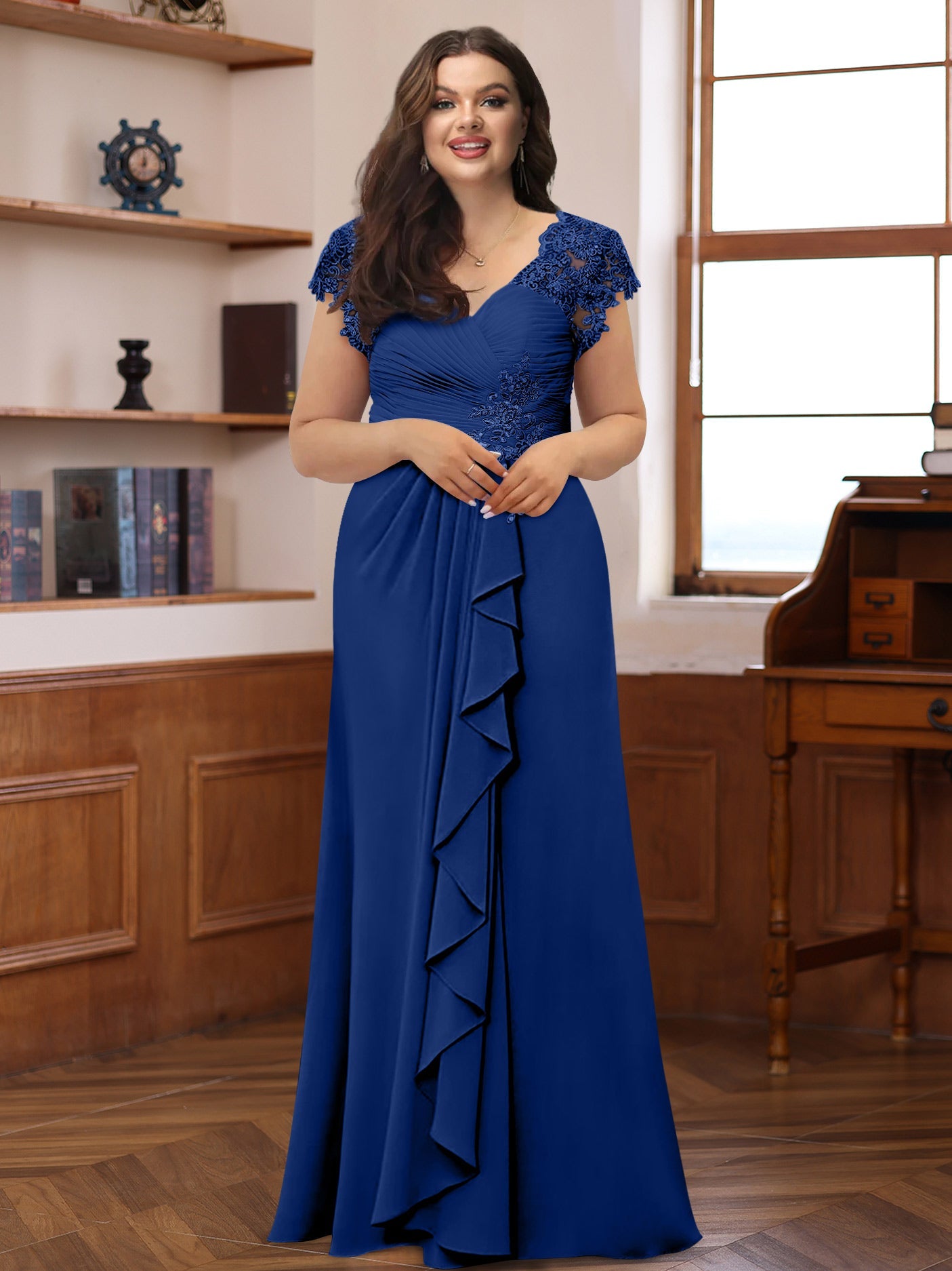 A-Line/Princess V-Neck Short Sleeves Pleated Plus Size Mother of the Bride & Groom Dresses with Ruffles & Appliques - Image 14