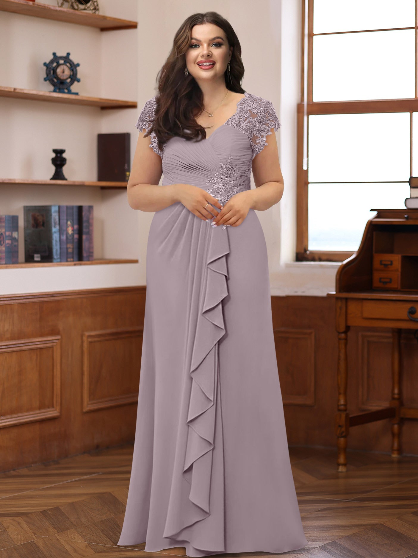 A-Line/Princess V-Neck Short Sleeves Pleated Plus Size Mother of the Bride & Groom Dresses with Ruffles & Appliques - Image 15