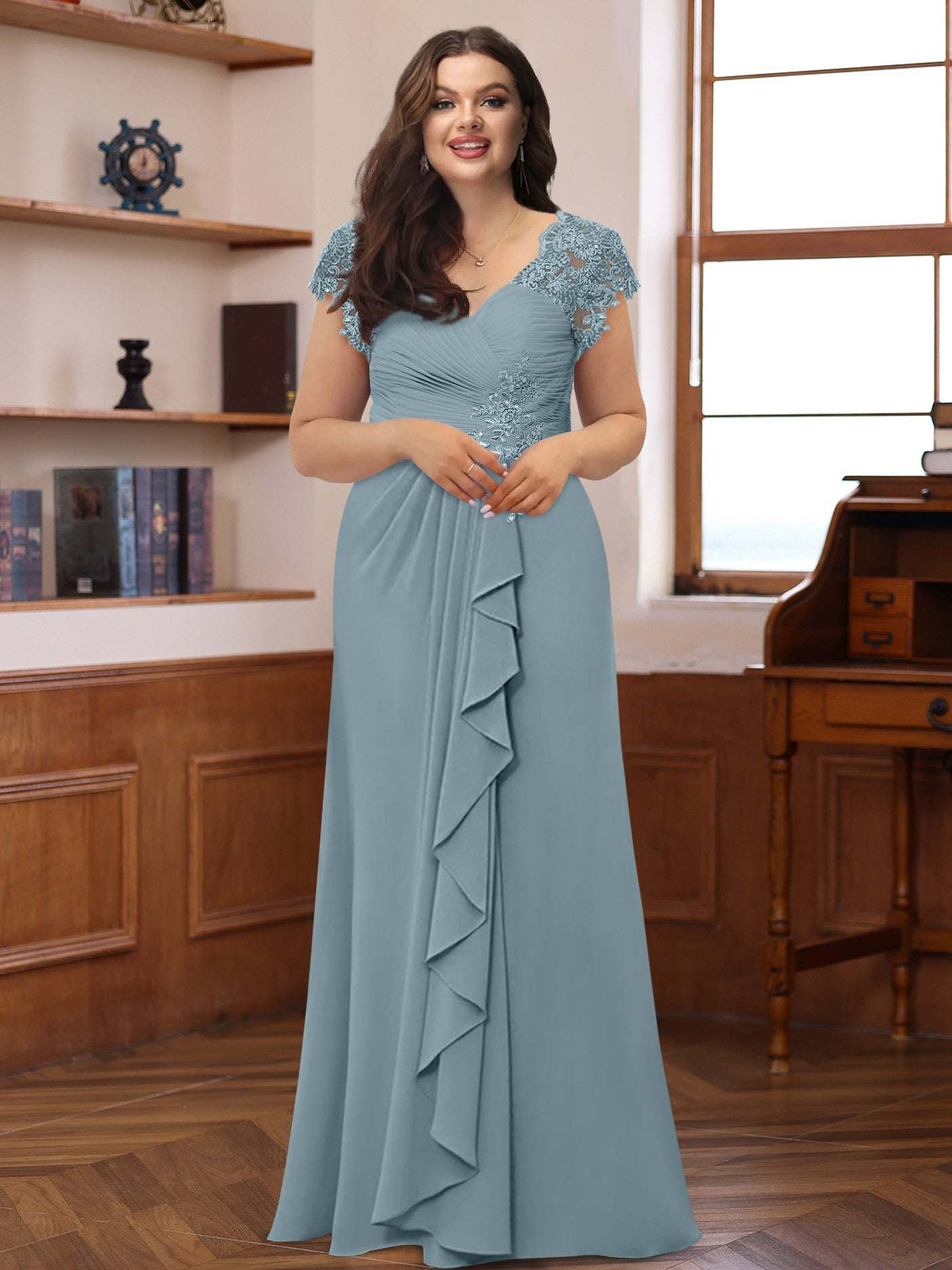 A-Line/Princess V-Neck Short Sleeves Pleated Plus Size Mother of the Bride & Groom Dresses with Ruffles & Appliques - Image 16