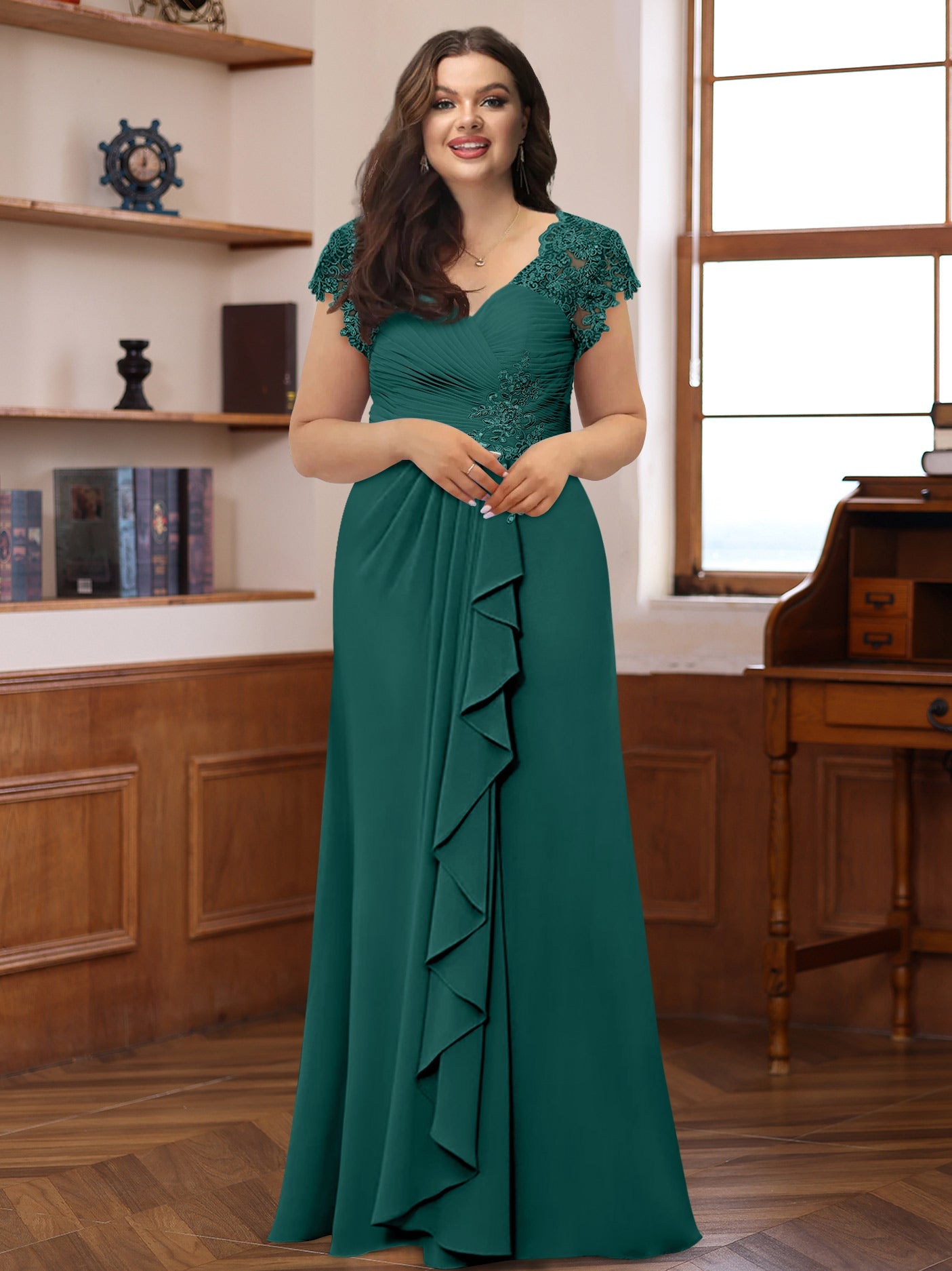 A-Line/Princess V-Neck Short Sleeves Pleated Plus Size Mother of the Bride & Groom Dresses with Ruffles & Appliques - Image 18