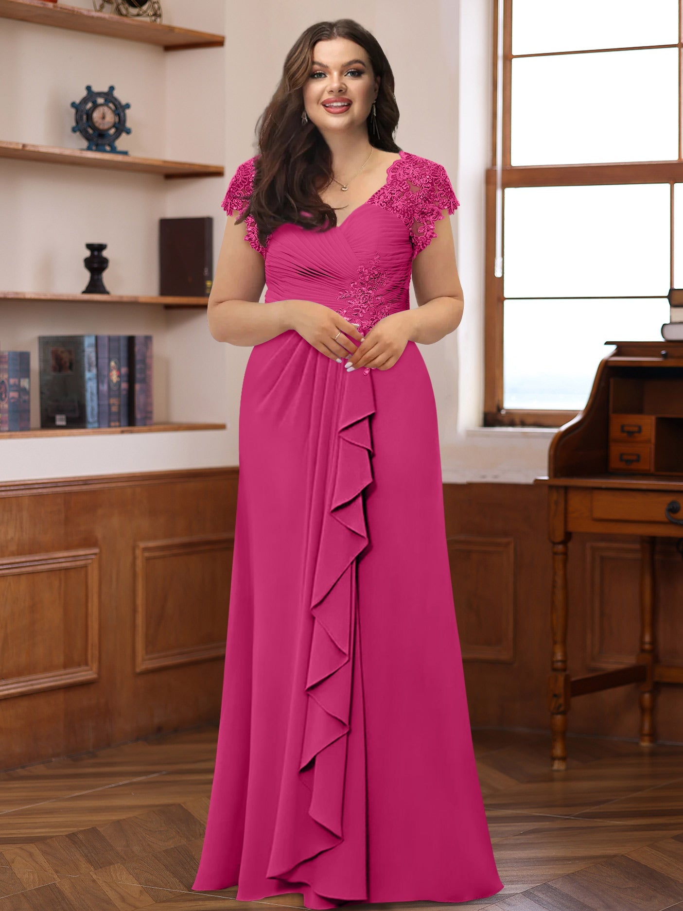 A-Line/Princess V-Neck Short Sleeves Pleated Plus Size Mother of the Bride & Groom Dresses with Ruffles & Appliques - Image 19
