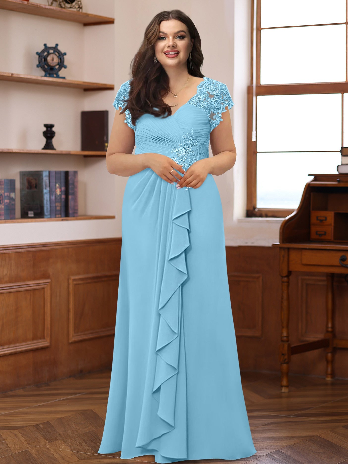 A-Line/Princess V-Neck Short Sleeves Pleated Plus Size Mother of the Bride & Groom Dresses with Ruffles & Appliques - Image 26
