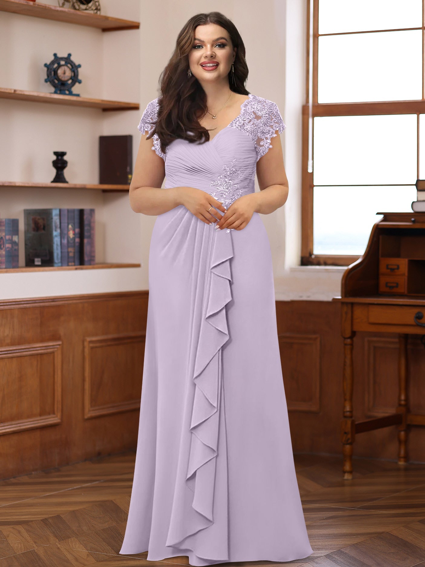 A-Line/Princess V-Neck Short Sleeves Pleated Plus Size Mother of the Bride & Groom Dresses with Ruffles & Appliques - Image 27