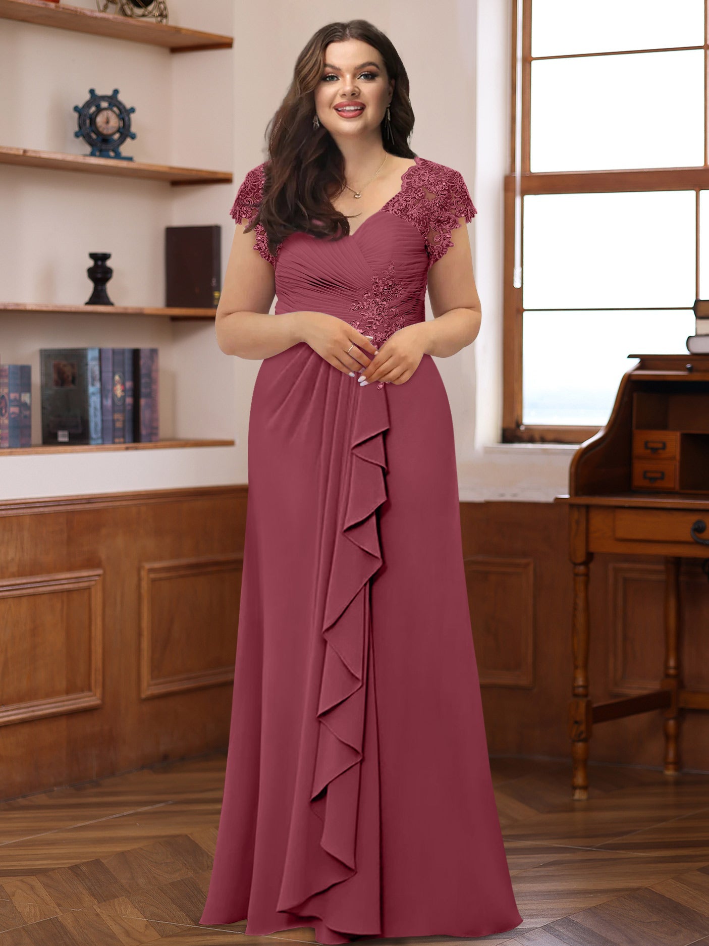 A-Line/Princess V-Neck Short Sleeves Pleated Plus Size Mother of the Bride & Groom Dresses with Ruffles & Appliques - Image 30