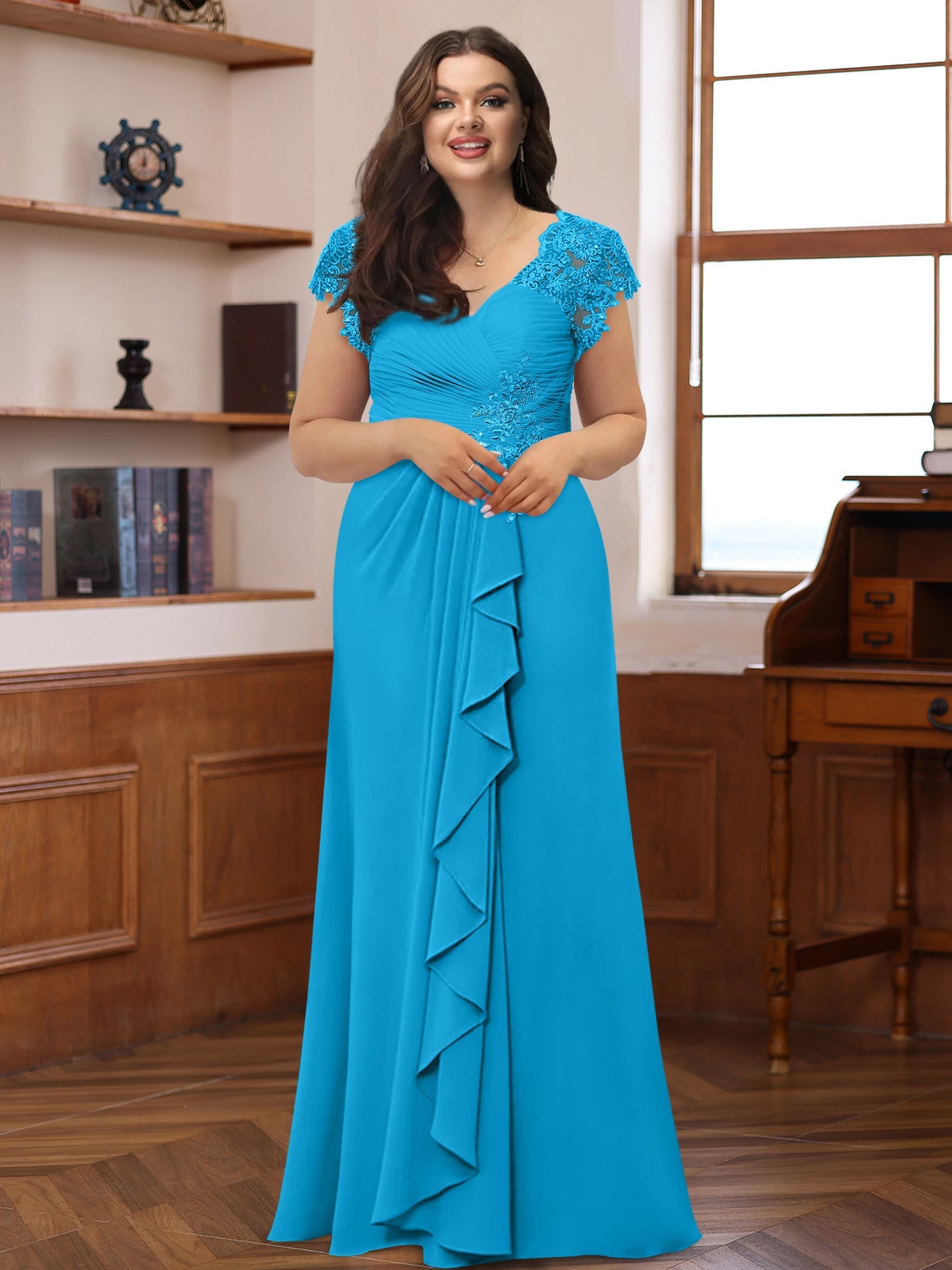 A-Line/Princess V-Neck Short Sleeves Pleated Plus Size Mother of the Bride & Groom Dresses with Ruffles & Appliques - Image 32