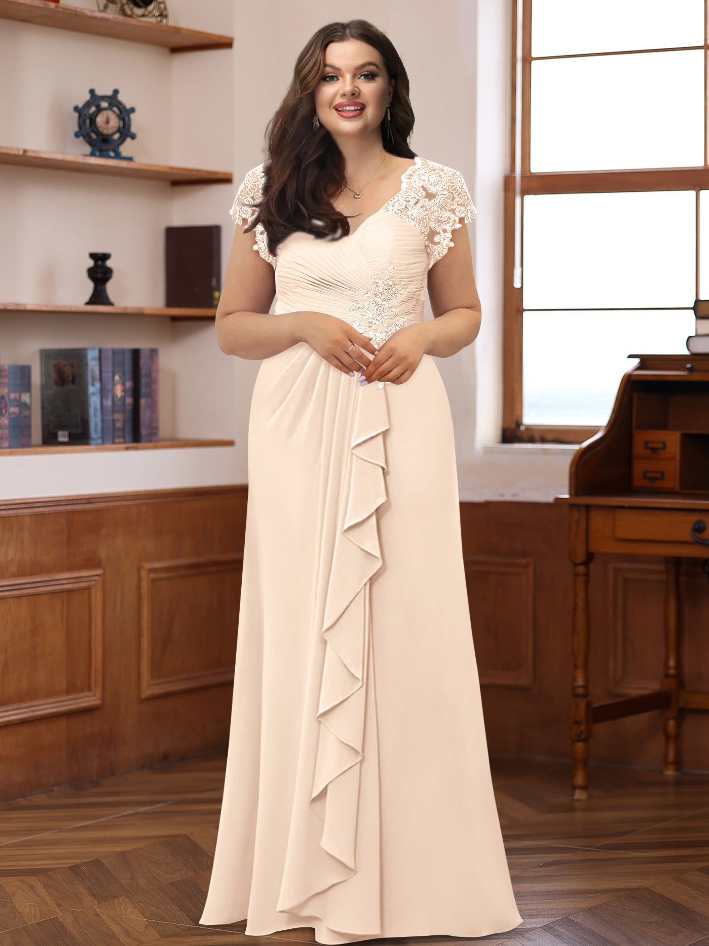 A-Line/Princess V-Neck Short Sleeves Pleated Plus Size Mother of the Bride & Groom Dresses with Ruffles & Appliques - Image 36