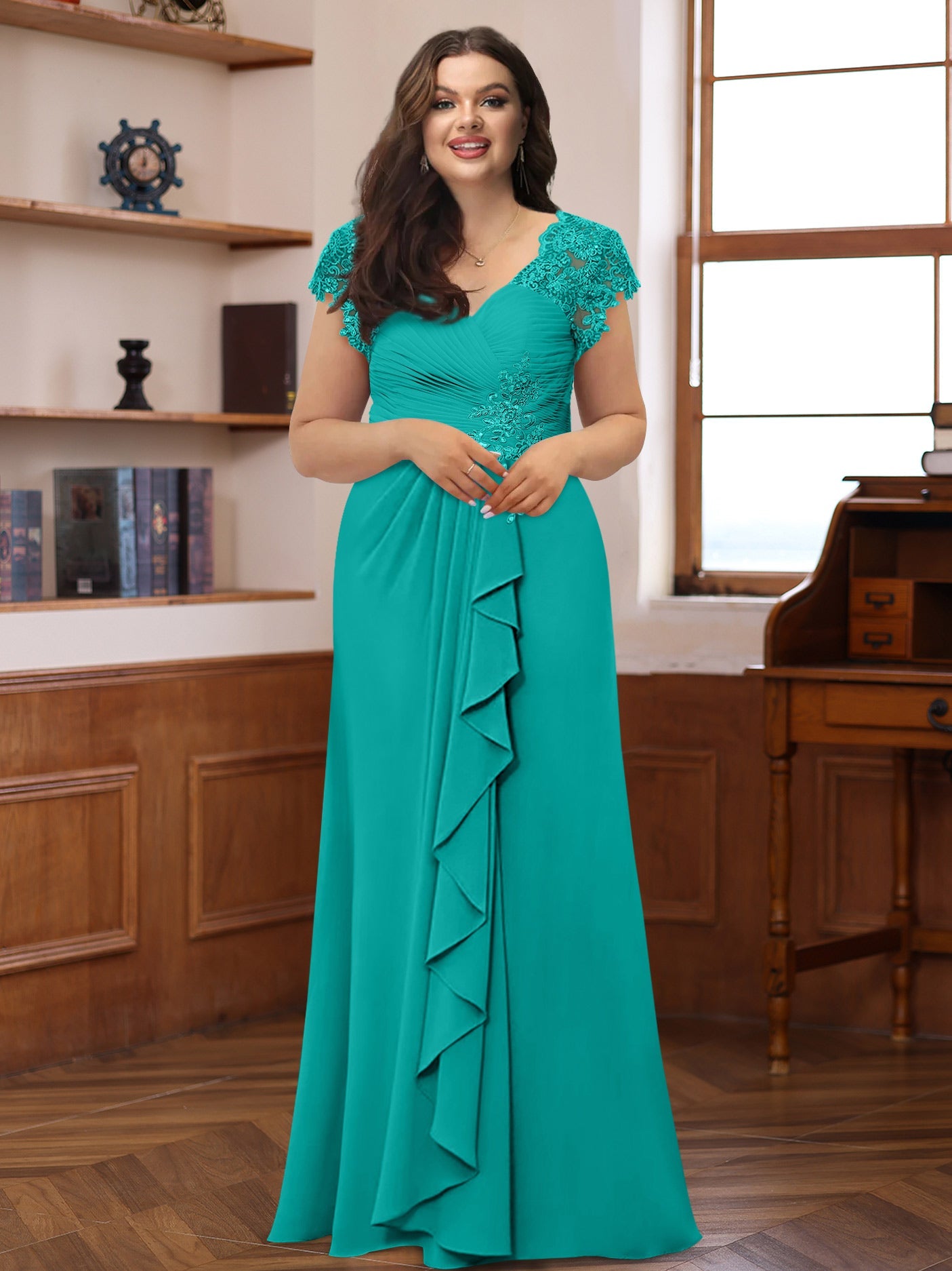 A-Line/Princess V-Neck Short Sleeves Pleated Plus Size Mother of the Bride & Groom Dresses with Ruffles & Appliques - Image 38