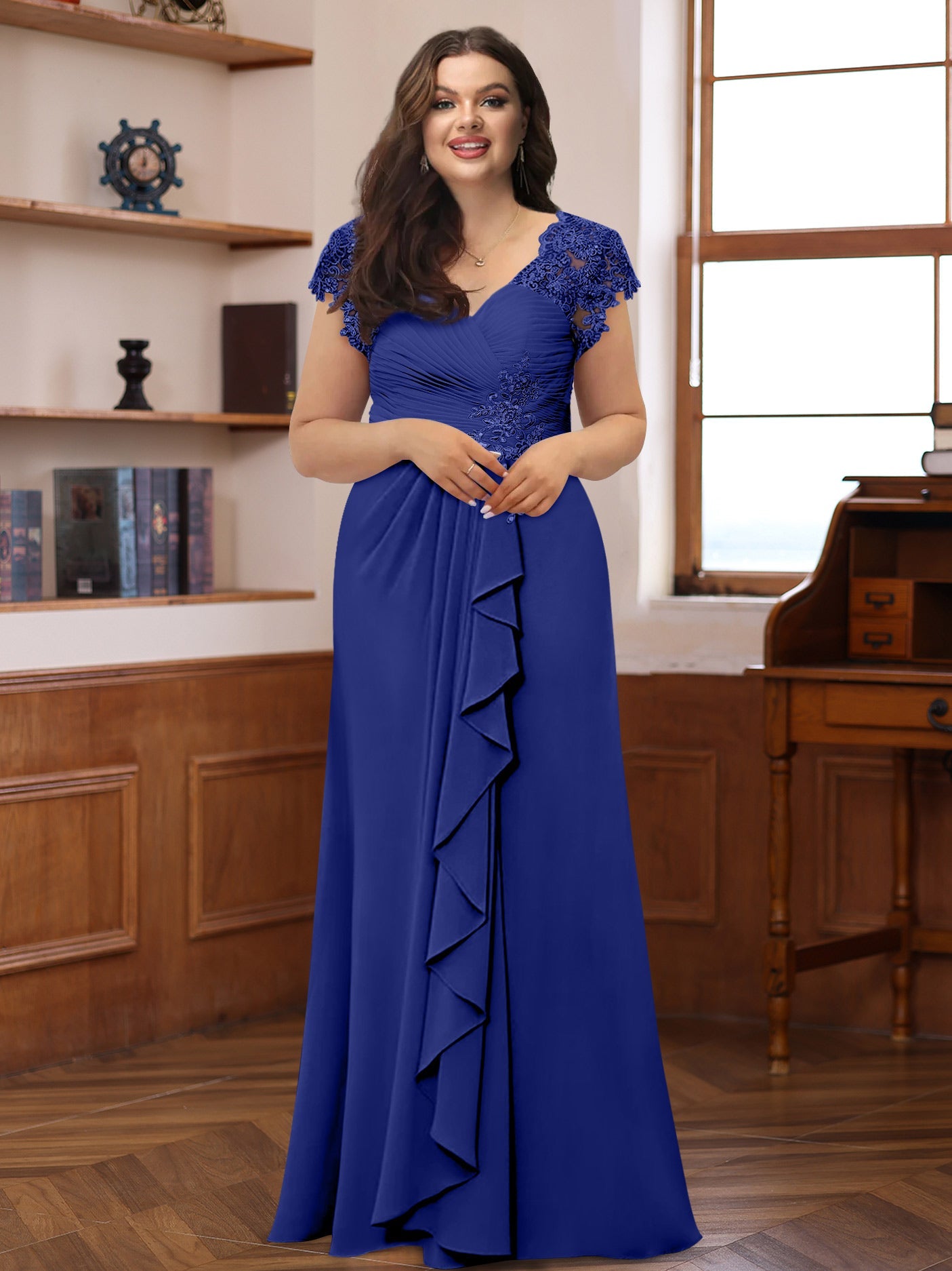 A-Line/Princess V-Neck Short Sleeves Pleated Plus Size Mother of the Bride & Groom Dresses with Ruffles & Appliques - Image 41