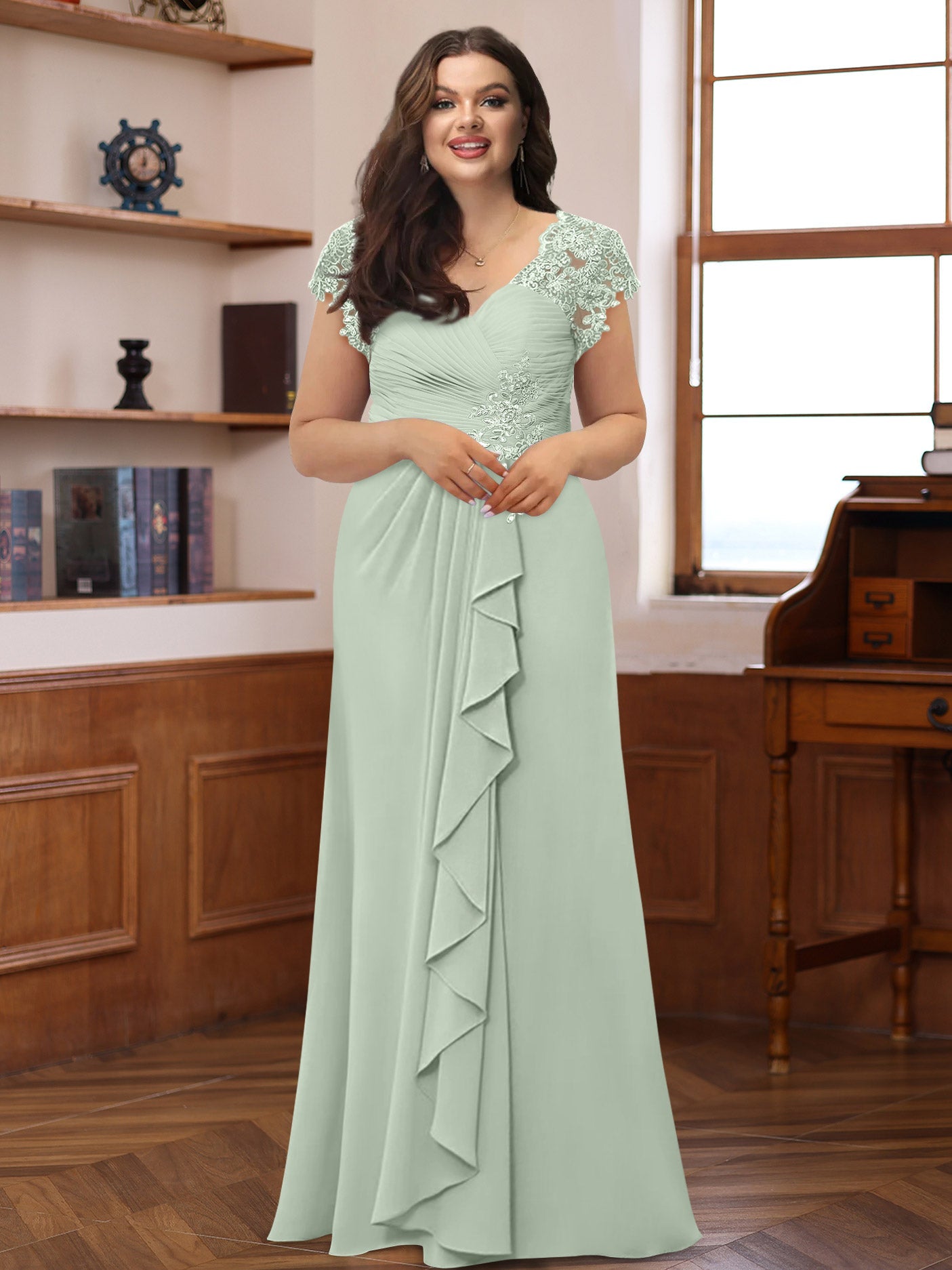 A-Line/Princess V-Neck Short Sleeves Pleated Plus Size Mother of the Bride & Groom Dresses with Ruffles & Appliques - Image 42