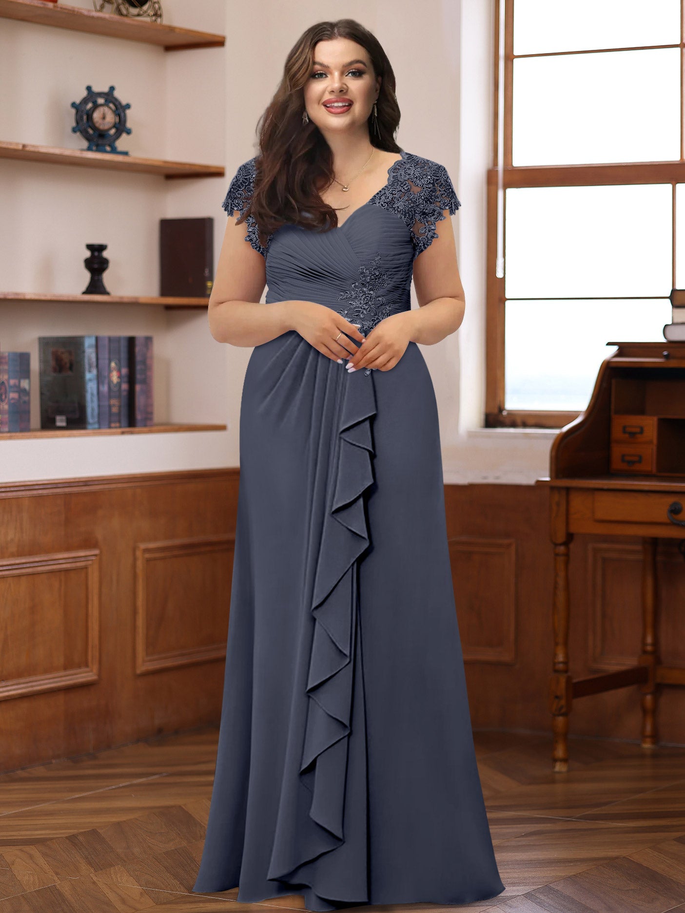 A-Line/Princess V-Neck Short Sleeves Pleated Plus Size Mother of the Bride & Groom Dresses with Ruffles & Appliques - Image 46