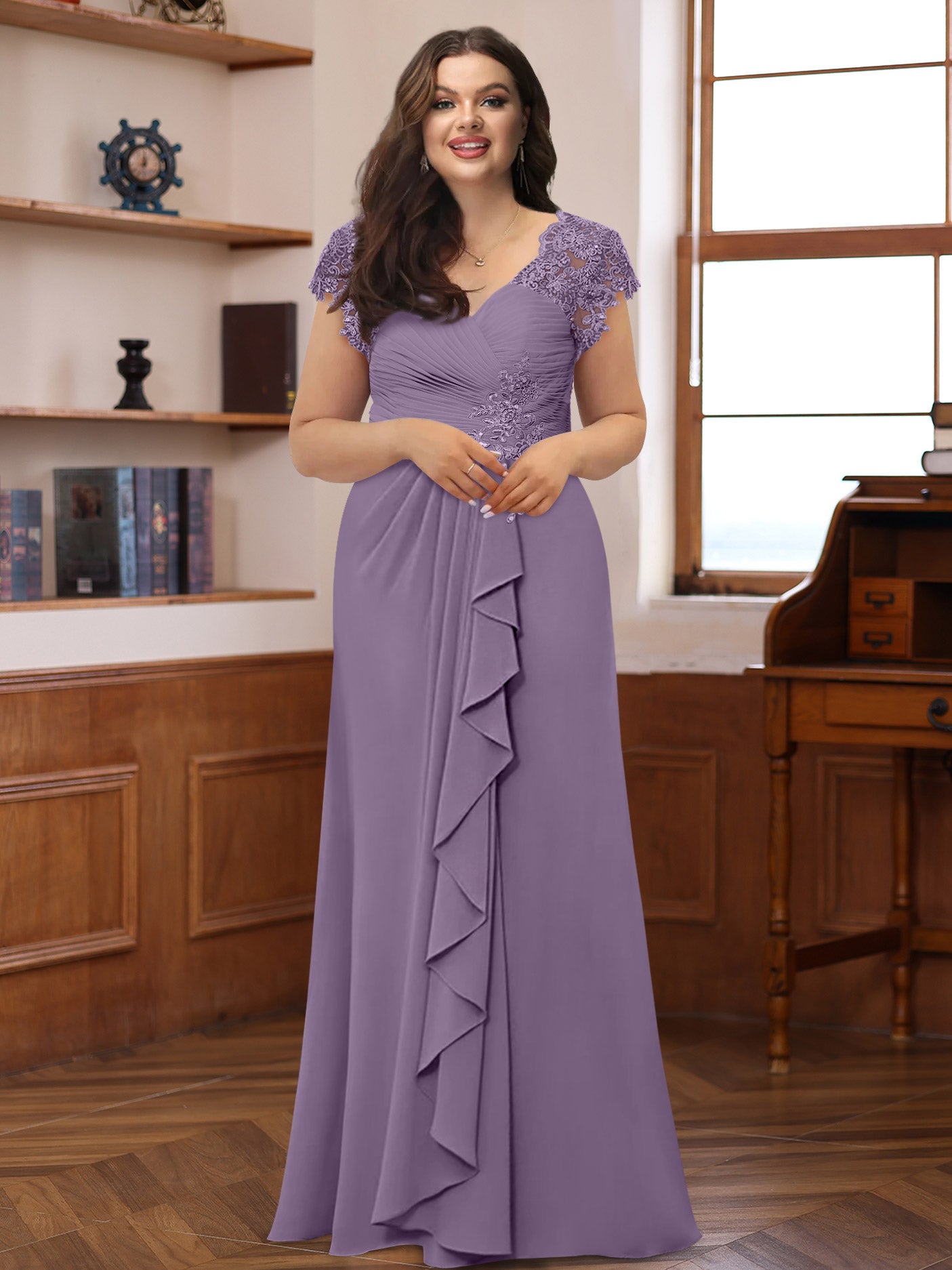 A-Line/Princess V-Neck Short Sleeves Pleated Plus Size Mother of the Bride & Groom Dresses with Ruffles & Appliques - Image 47