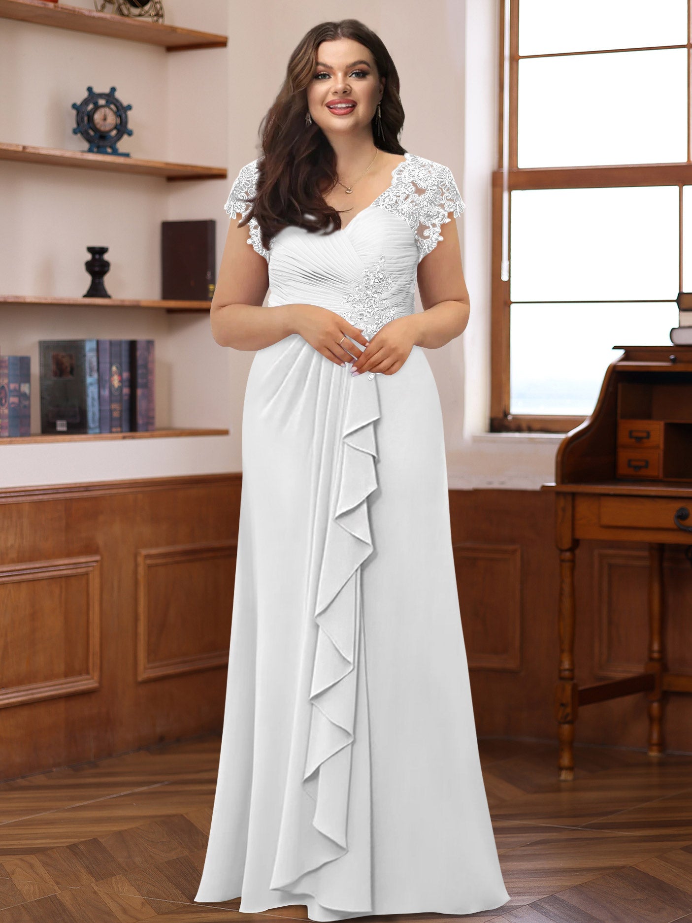 A-Line/Princess V-Neck Short Sleeves Pleated Plus Size Mother of the Bride & Groom Dresses with Ruffles & Appliques - Image 50