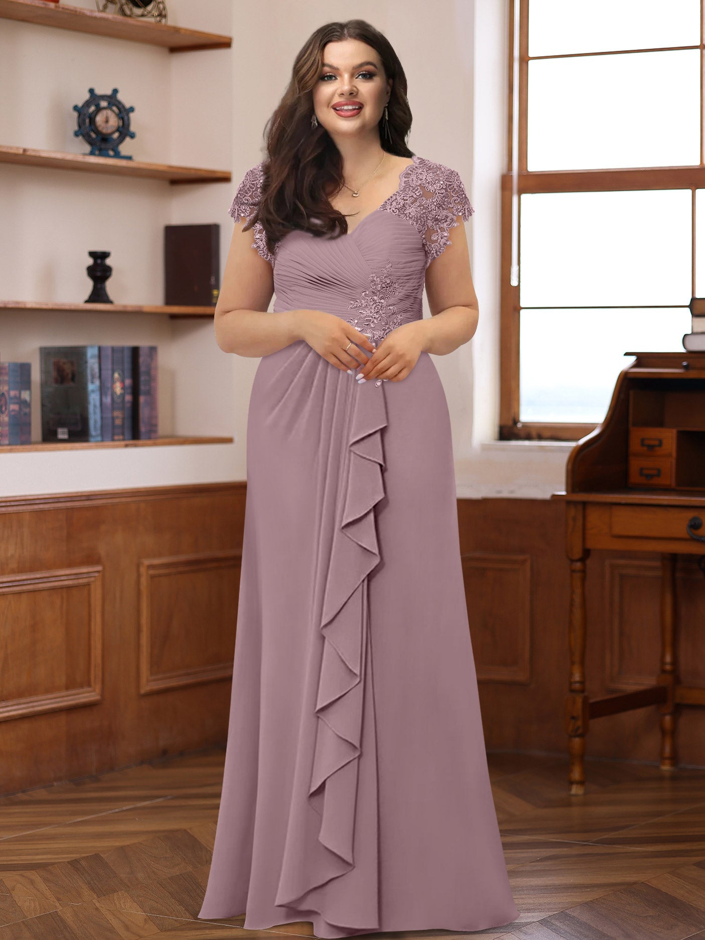 A-Line/Princess V-Neck Short Sleeves Pleated Plus Size Mother of the Bride & Groom Dresses with Ruffles & Appliques - Image 52