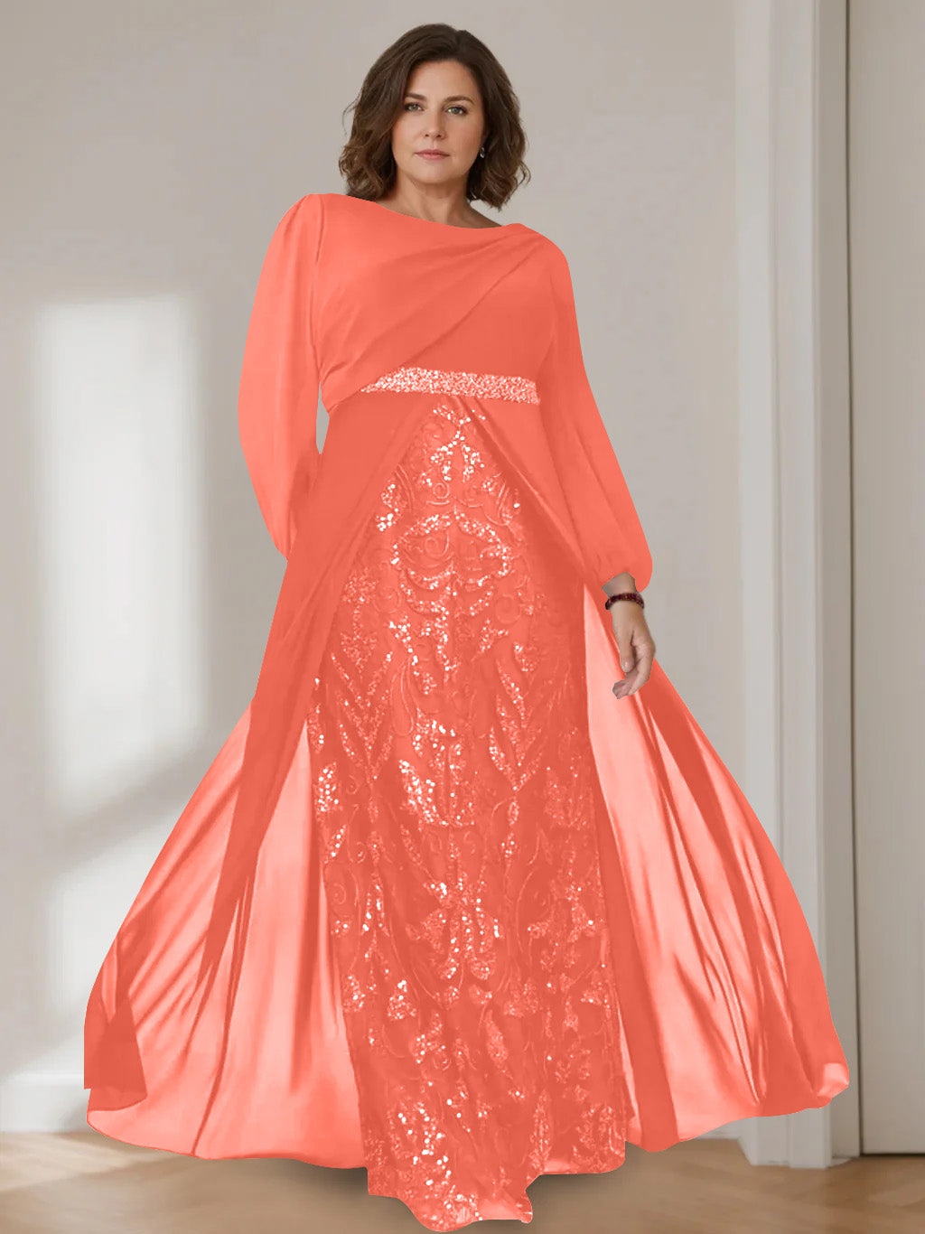 A-Line/Princess Scoop Long Sleeves Floor-Length Plus Size Mother of the Bride Dresses with Sequins - 画像 (36)